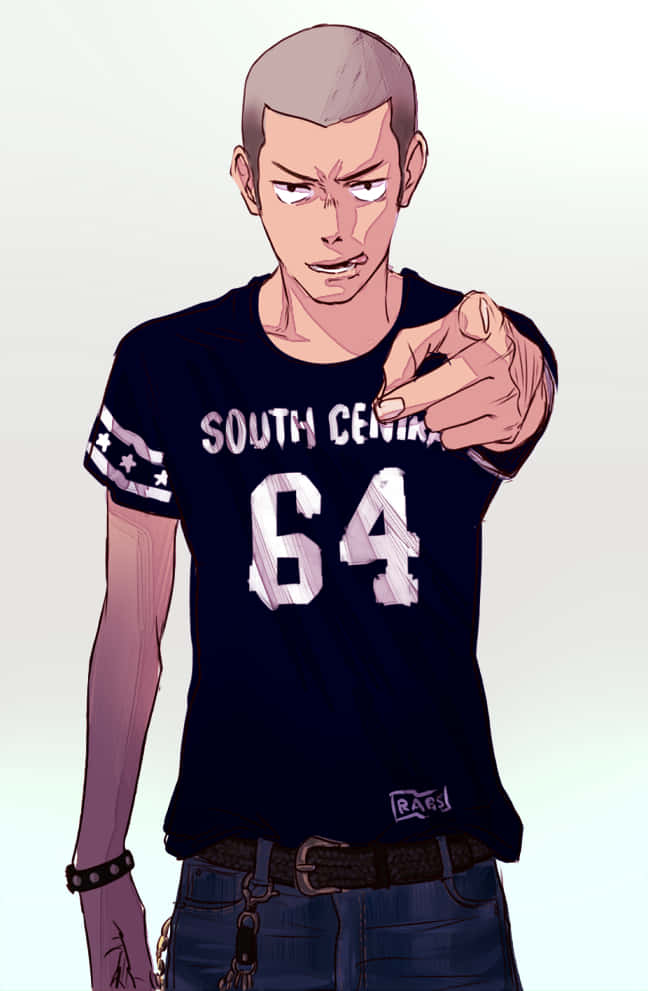 Tanaka Ryunosuke 桌布 壁紙 — 一個剃光頭的動漫風格年輕男子，穿著 'SOUTH CENTRAL 64' T恤，指責地指向觀眾。