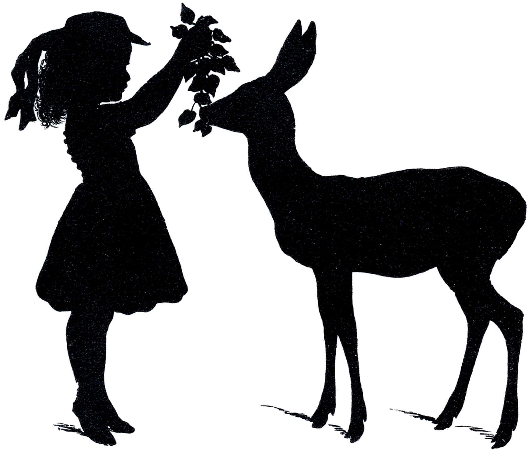 Silhouette 桌布 壁紙 — 一個剪影中的孩子向鹿遞上一根枝葉茂盛的樹枝，在溫柔的連結時刻。