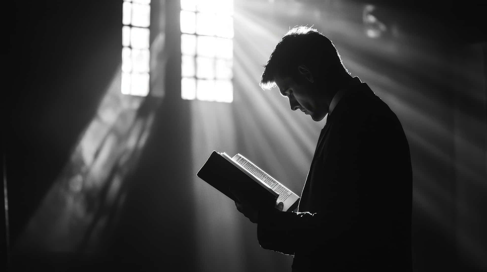 Man Reading a Book in Dramatic Light 壁紙 — 一個剪影中的男人正在閱讀一本書，神聖的光芒從他身後的高窗傾瀉而入。