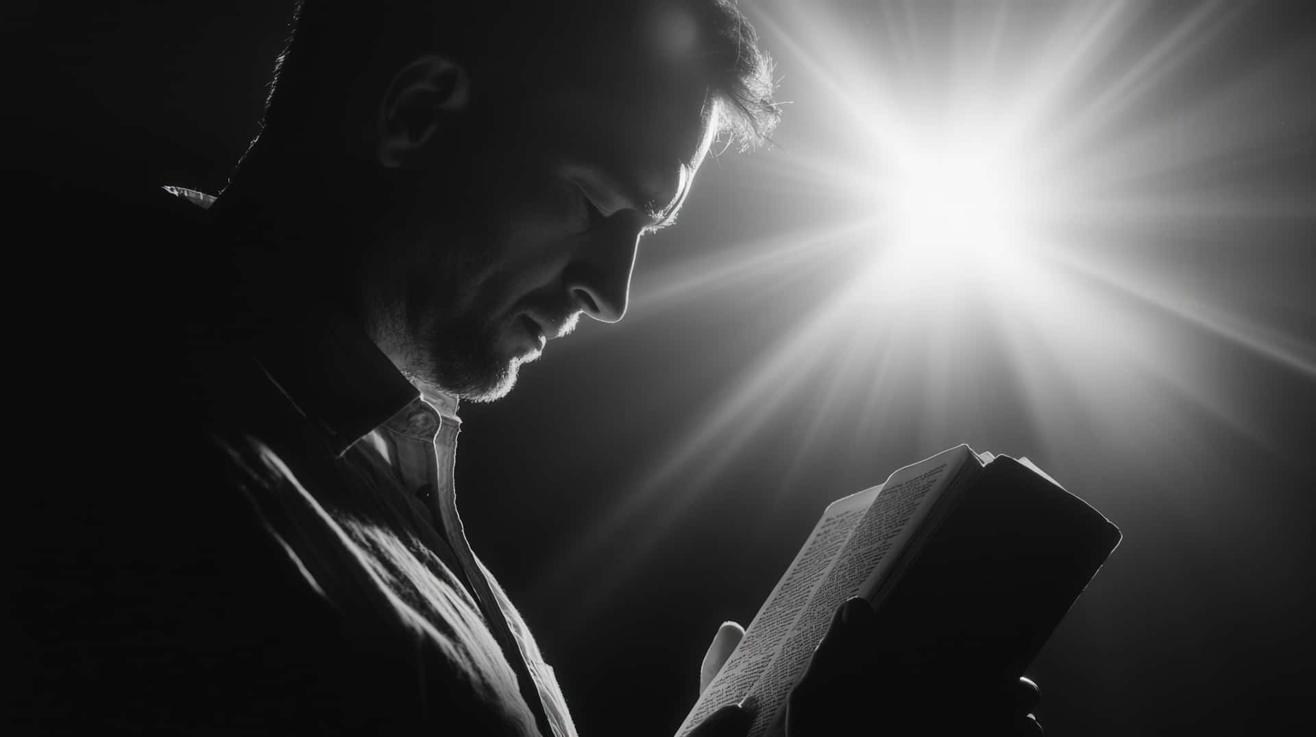 Man Deep in Thought Reading a Book Under Divine Light 壁紙 — 一個剪影中的男人正在閱讀一本書，背後有耀眼的光芒在黑白對比中爆發。