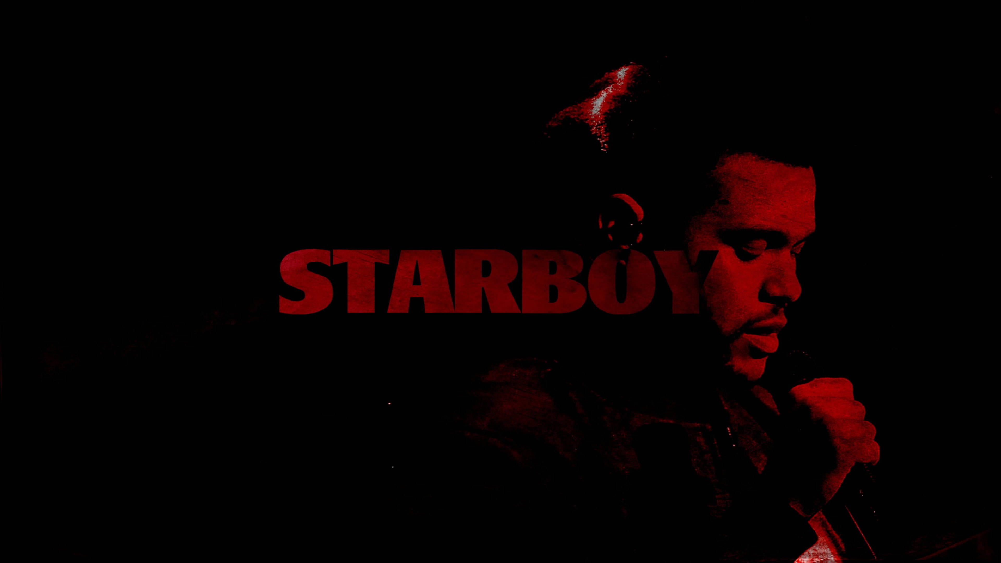威肯 桌布 壁紙 — 一個剪影中的男人沐浴在紅光中，STARBOY 這個詞在他的臉上發光，背景是黑色。