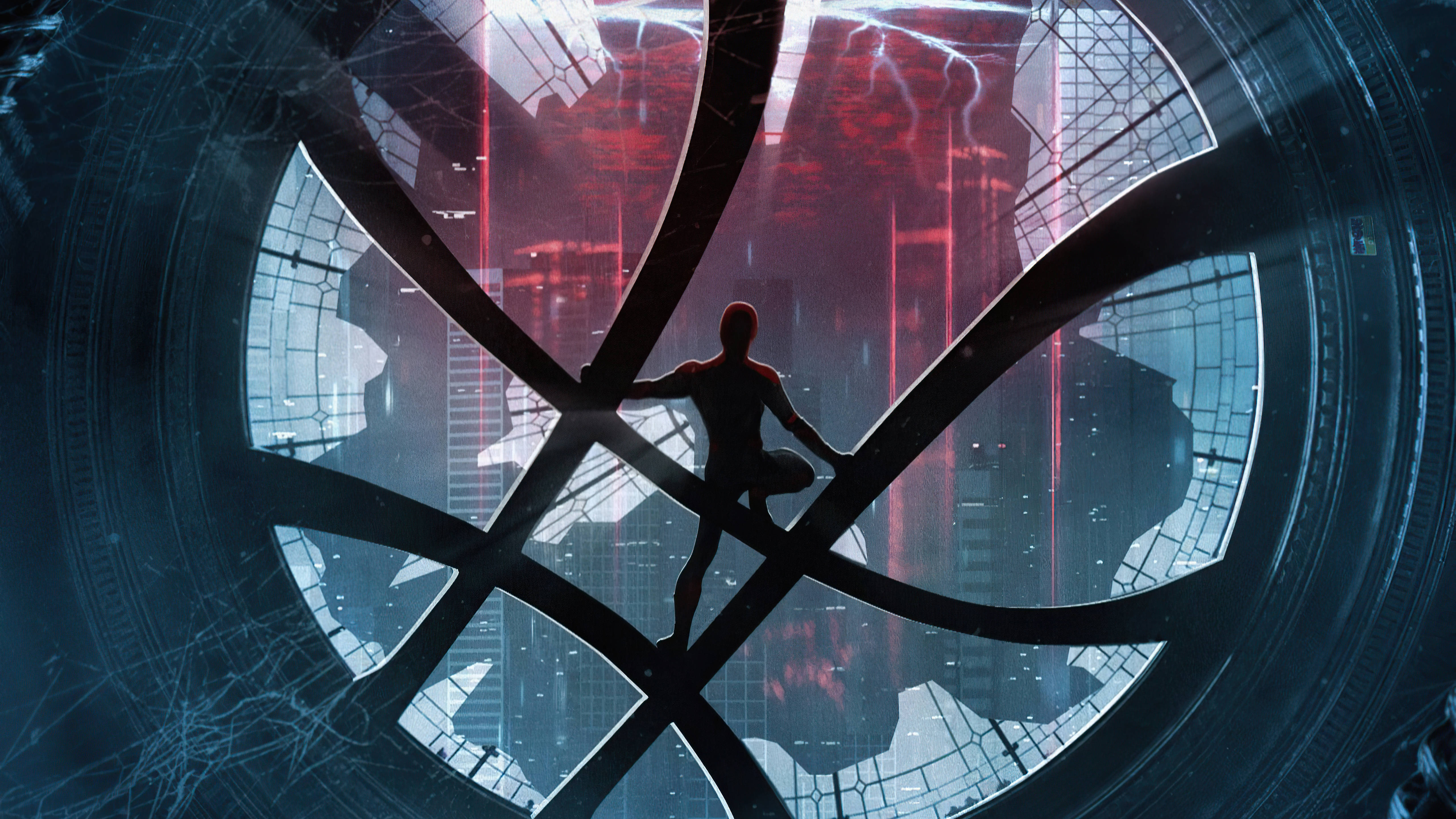 Spider Man No Way Home 桌布 壁紙 — 一個剪影人物在一個破碎的圓形結構上保持平衡，背景是發光的紅色和藍色賽博龐克城市景觀。