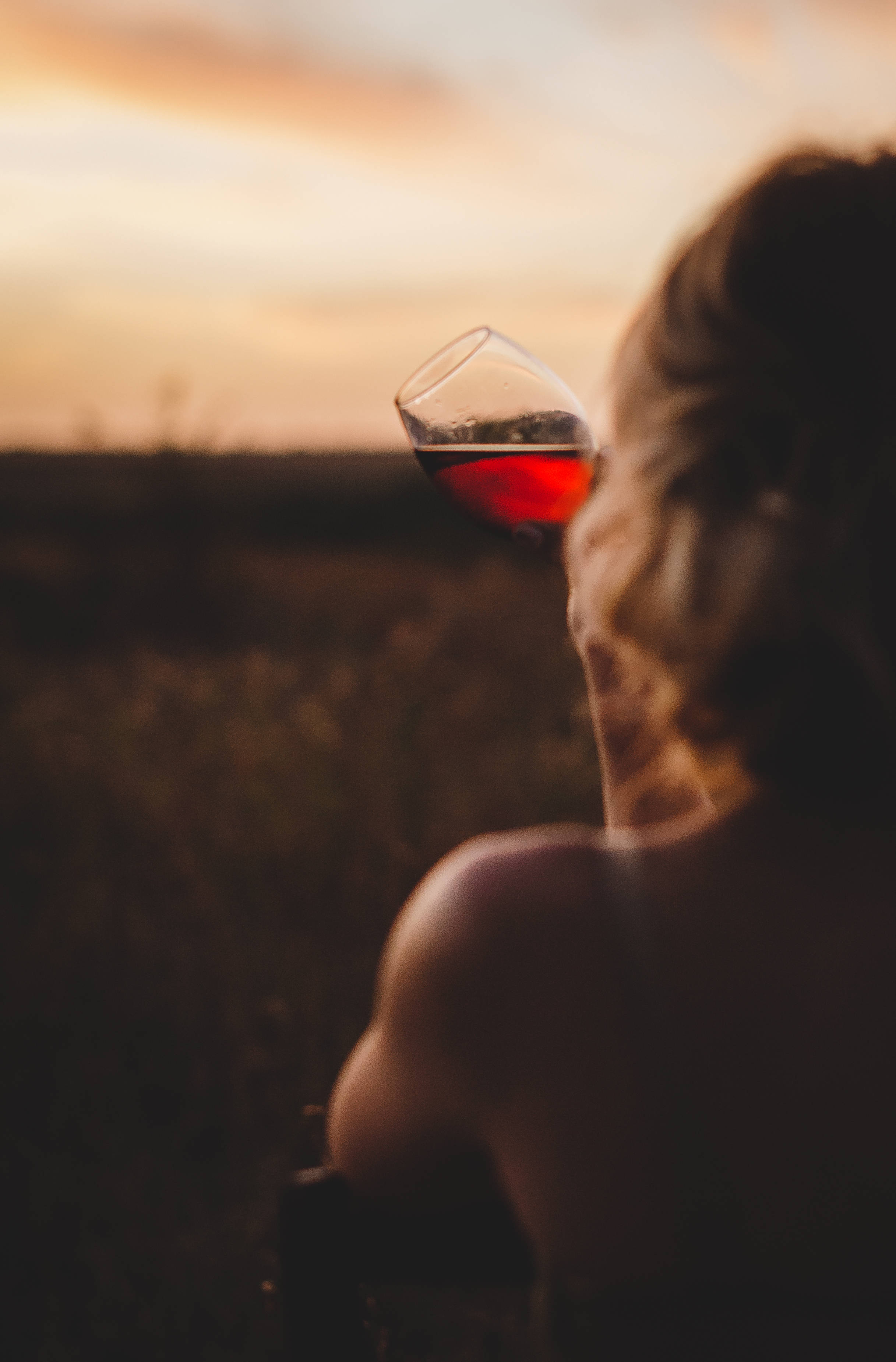 葡萄酒 桌布 壁紙 — 一個剪影人物在田野上溫暖的日落背景下舉著一杯紅酒。