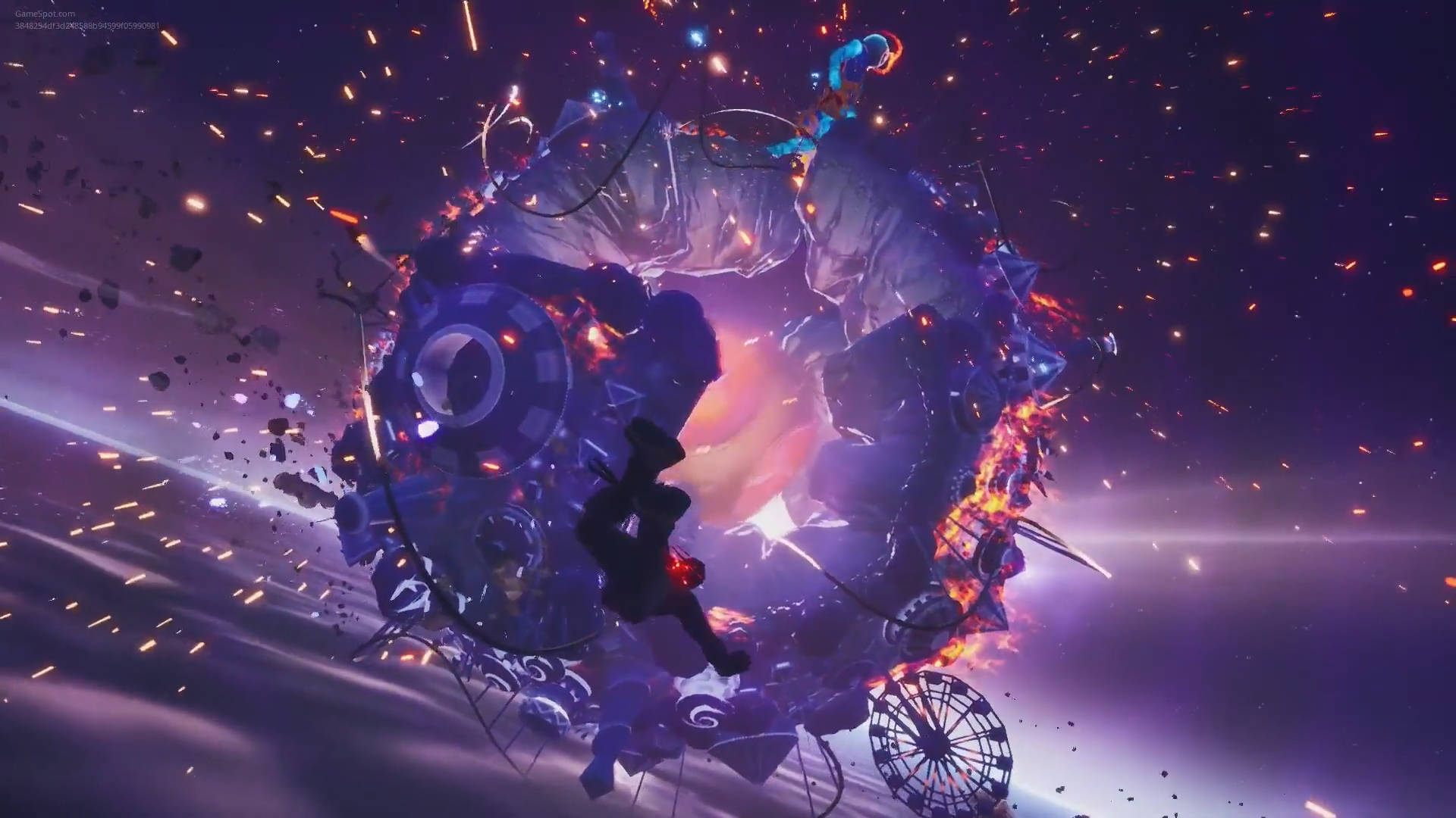 Travis Scott Fortnite 桌布 壁紙 — 一個剪影人物在紫色天空下，於火花四濺和宇宙碎片中與巨大的機械野獸戰鬥。