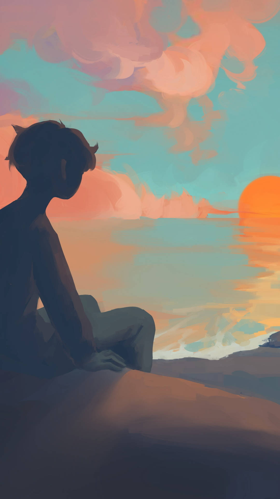 Aesthetic Anime Boy 桌布 壁紙 — 一個剪影人物坐在岩石海岸上，觀看充滿活力的日落將天空塗成溫暖的橙色和涼爽的藍綠色。