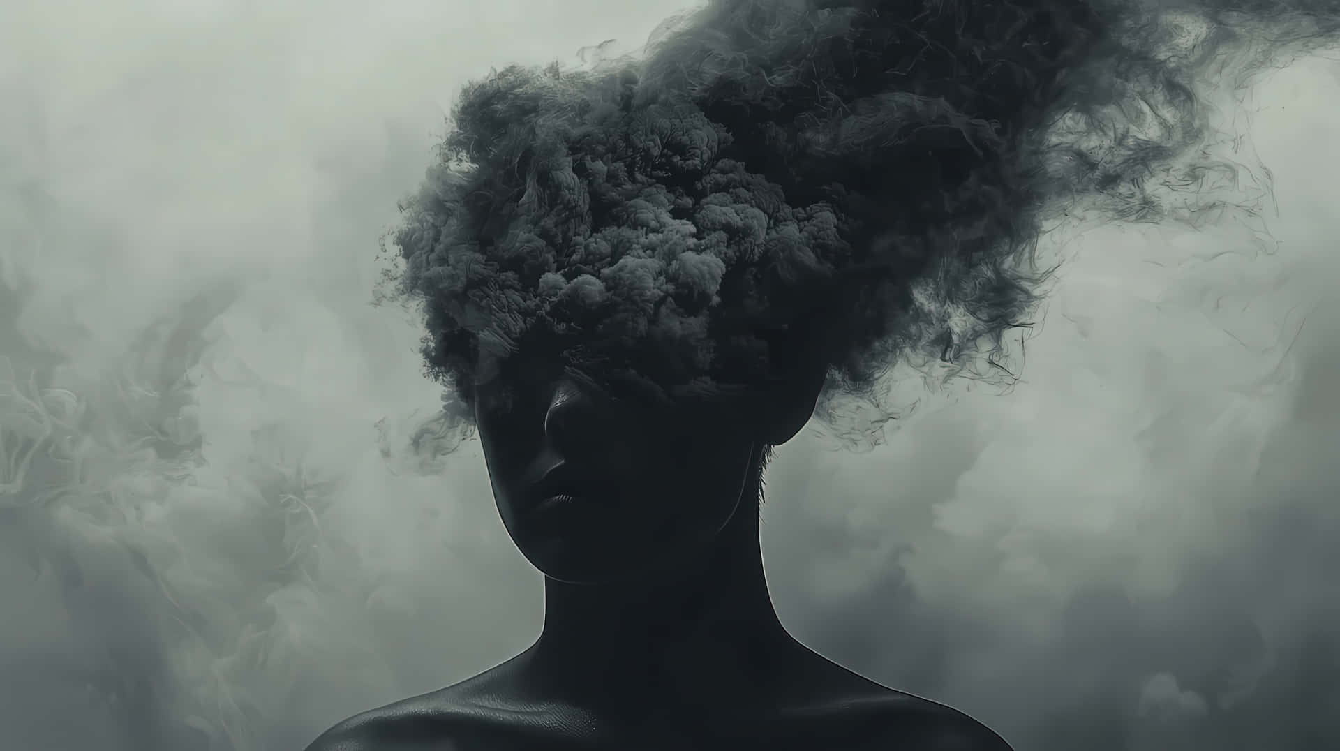 A dark and moody surreal digital artwork depicting a person whose head transforms into  black smoke 壁紙 — 一個剪影人物的頭部被旋轉的黑色煙霧遮蓋，背景為柔和的灰色。