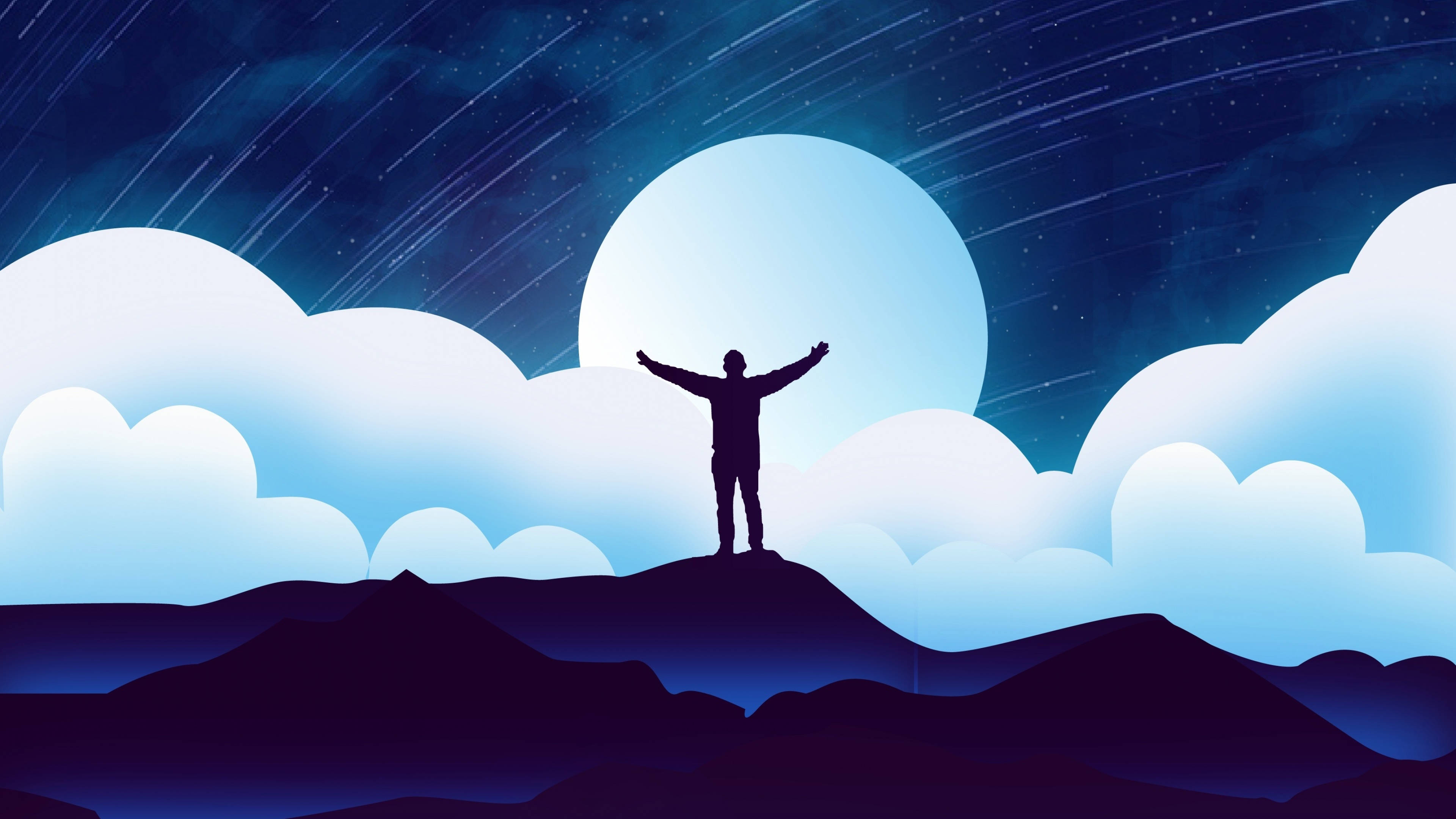激勵 桌布 壁紙 — 一個剪影人物站在山頂上，雙臂高舉，在星光熠熠的夜空下，伴隨著發光的月亮和風格化的雲朵。