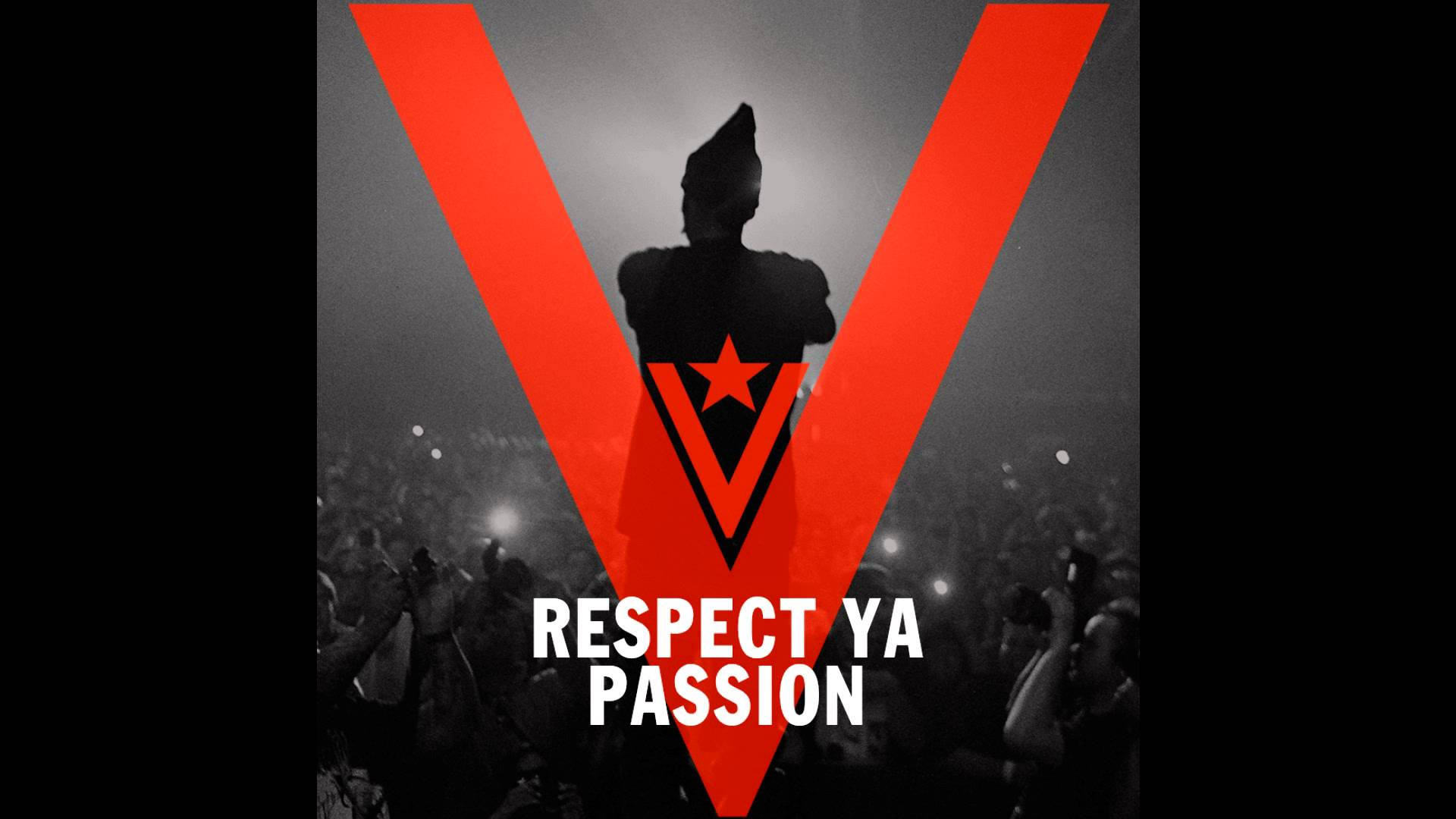 Nipsey Hussle 桌布 壁紙 — 一個剪影人物站在帶有星星的紅色V形圖形上，俯瞰著音樂會的人群，下方有文字「RESPECT YA PASSION」。