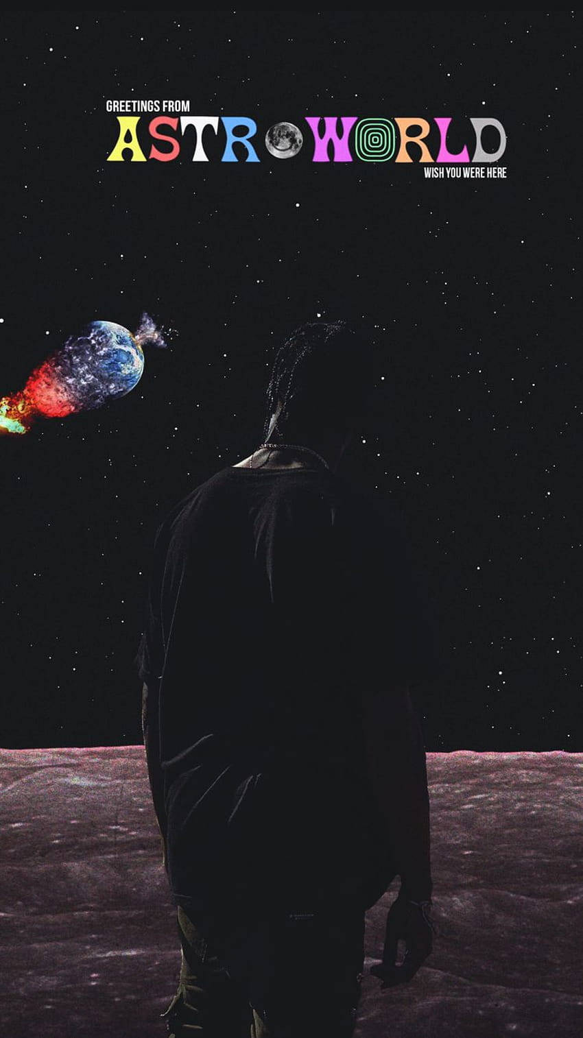 Astroworld iPhone 桌布 壁紙 — 一個剪影人物站在月球表面，凝視著一顆色彩繽紛的行星在星空飛馳，上方有「Greetings from Astro World」文字。