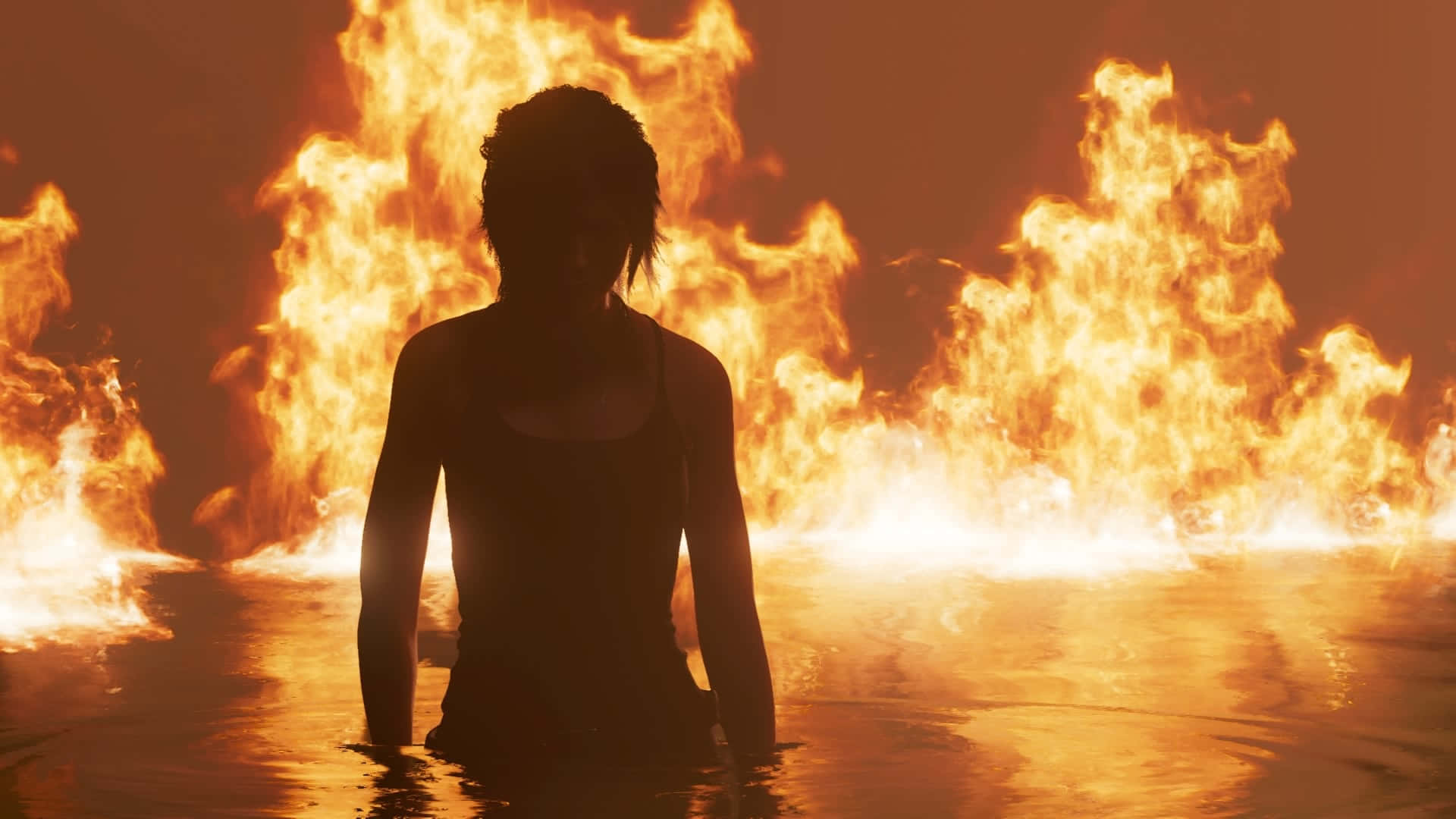 Tomb Raider Game 桌布 壁紙 — 一個剪影人物站在水深及腰的位置，背後有高聳的火焰爆發，投射出橙色的光芒。