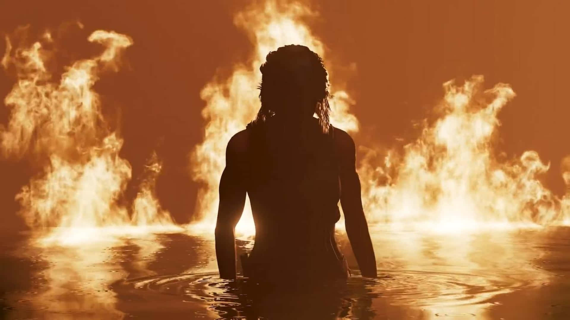 1080p Shadow Of The Tomb Raider 桌布 壁紙 — 一個剪影人物站在水深及腰的位置，背後有火焰戲劇性地爆發，發出熾熱的橙色光芒。