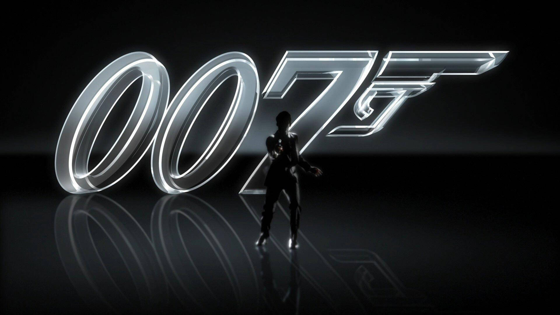 Bond 桌布 壁紙 — 一個剪影人物站在發光的007標誌前，在黑暗反射的工作室中，帶有戲劇性的燈光。