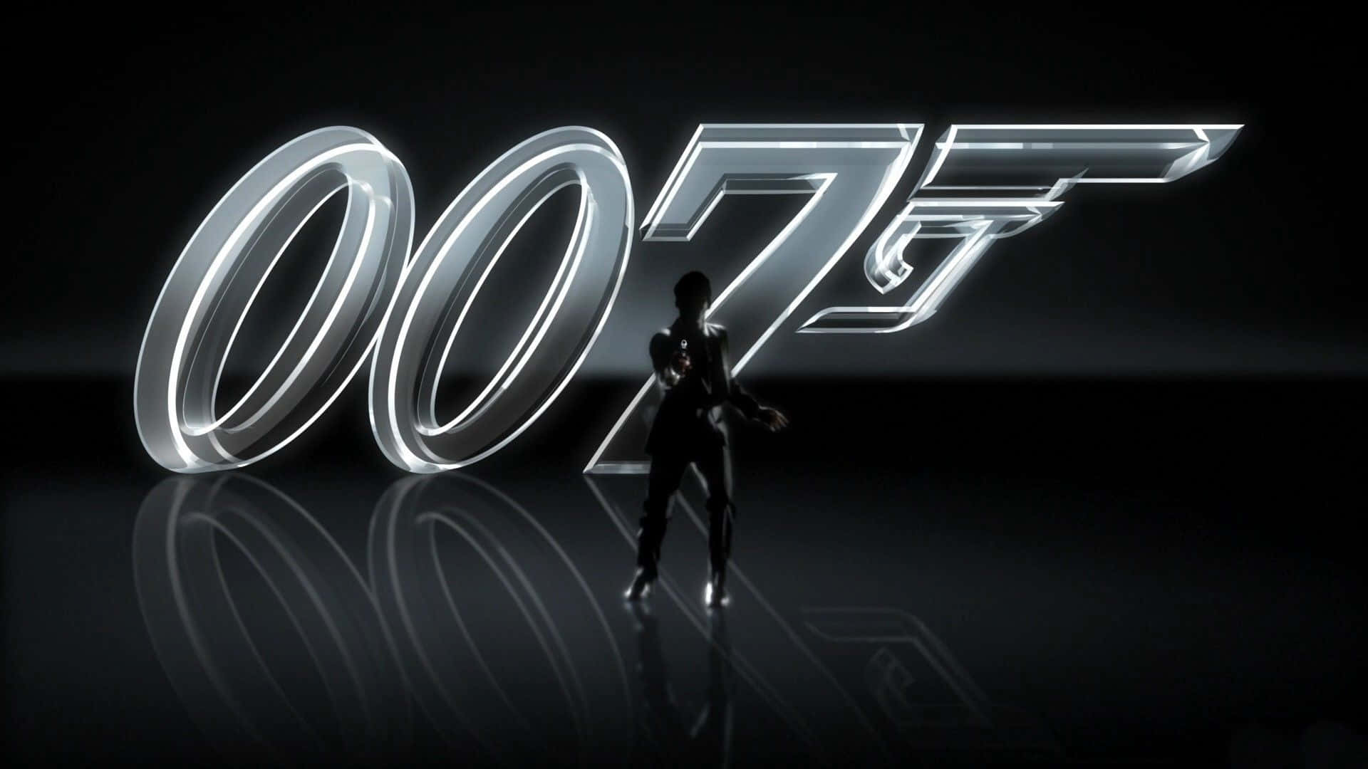 1920x1080 HD Movie 桌布 壁紙 — 一個剪影人物站在黑暗工作室中發光的007標誌前，地板具有反射效果。