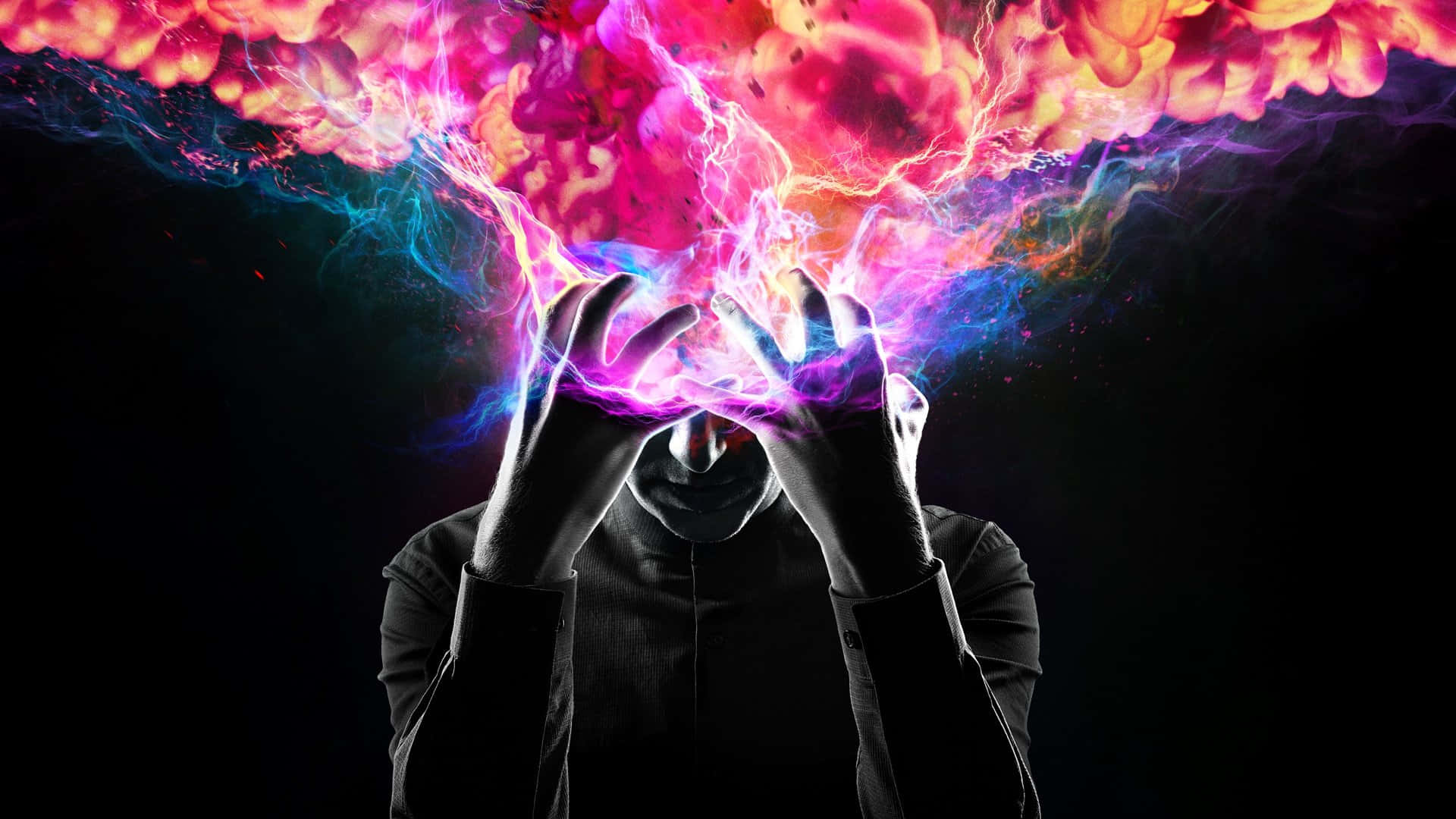 Tv Series 桌布 壁紙 — 一個剪影人物舉起雙手，鮮豔的電能和彩色宇宙雲從他們的頭部爆發，背景為黑色。