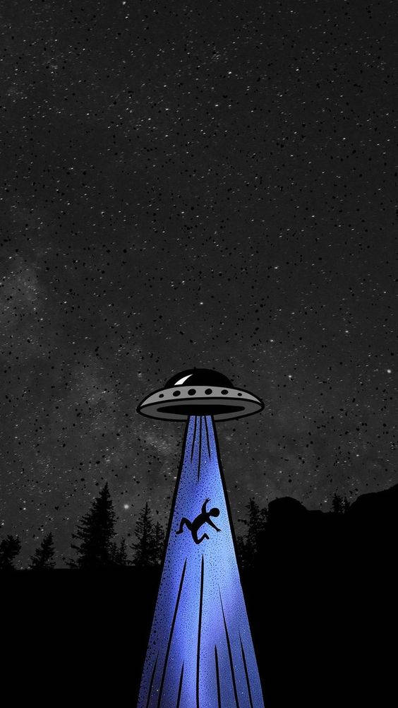 Alien Spaceship 桌布 壁紙 — 一個剪影人物被發光的UFO綁架，背景是星夜下的黑暗森林山丘。