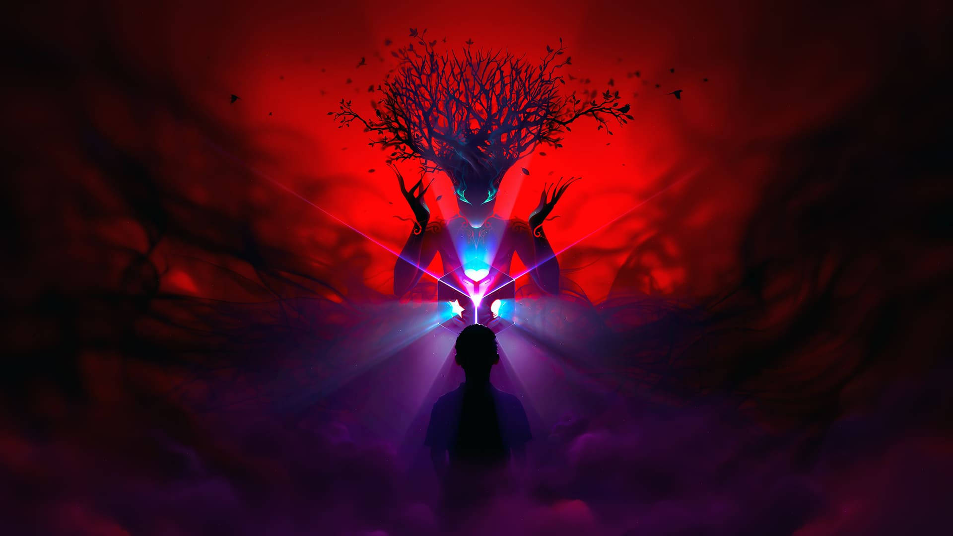 一個人的剪影在紅色宇宙虛空中面對一個發光的樹頭外星人。