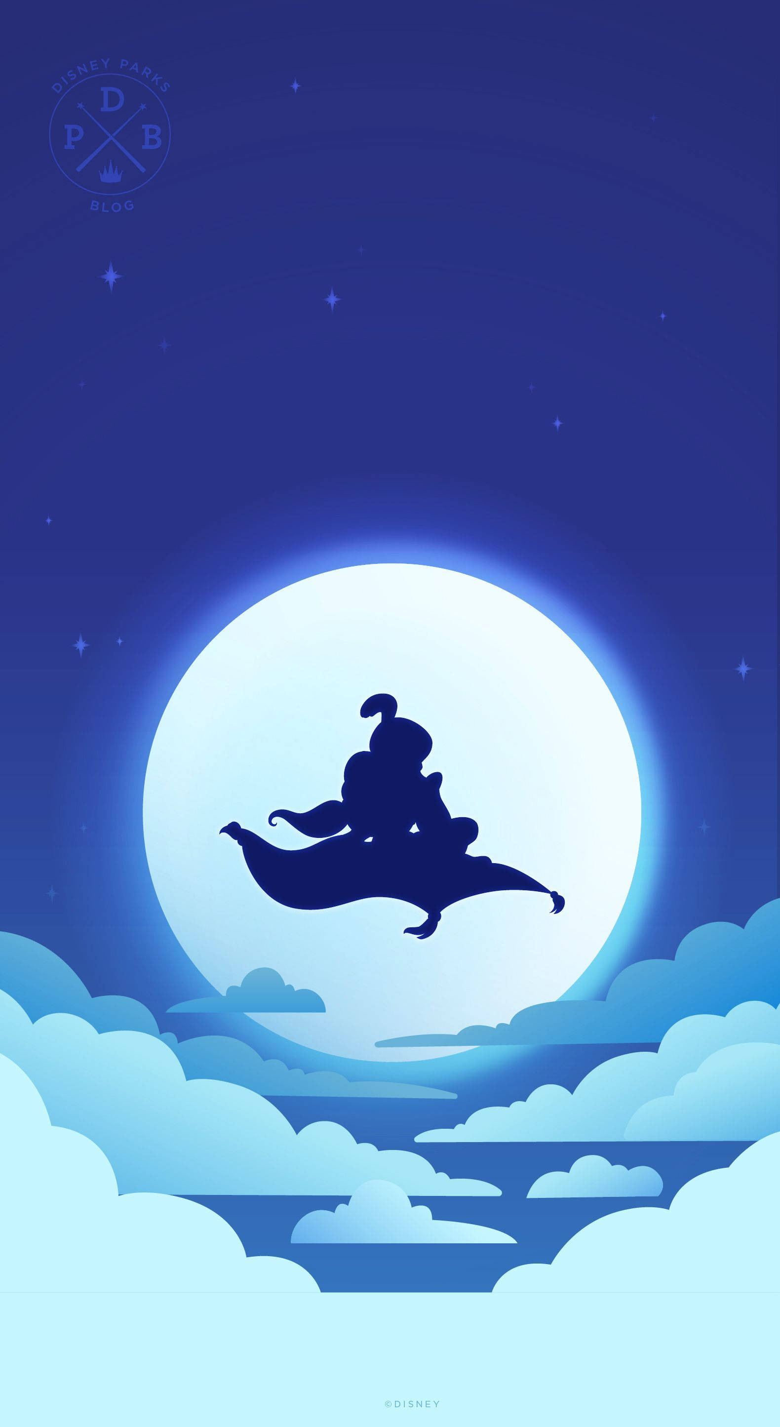 阿拉丁 桌布 壁紙 — 一個剪影人物騎著魔毯，在蓬鬆的雲層上方翱翔，背景是發光的滿月和繁星點點的夜空。