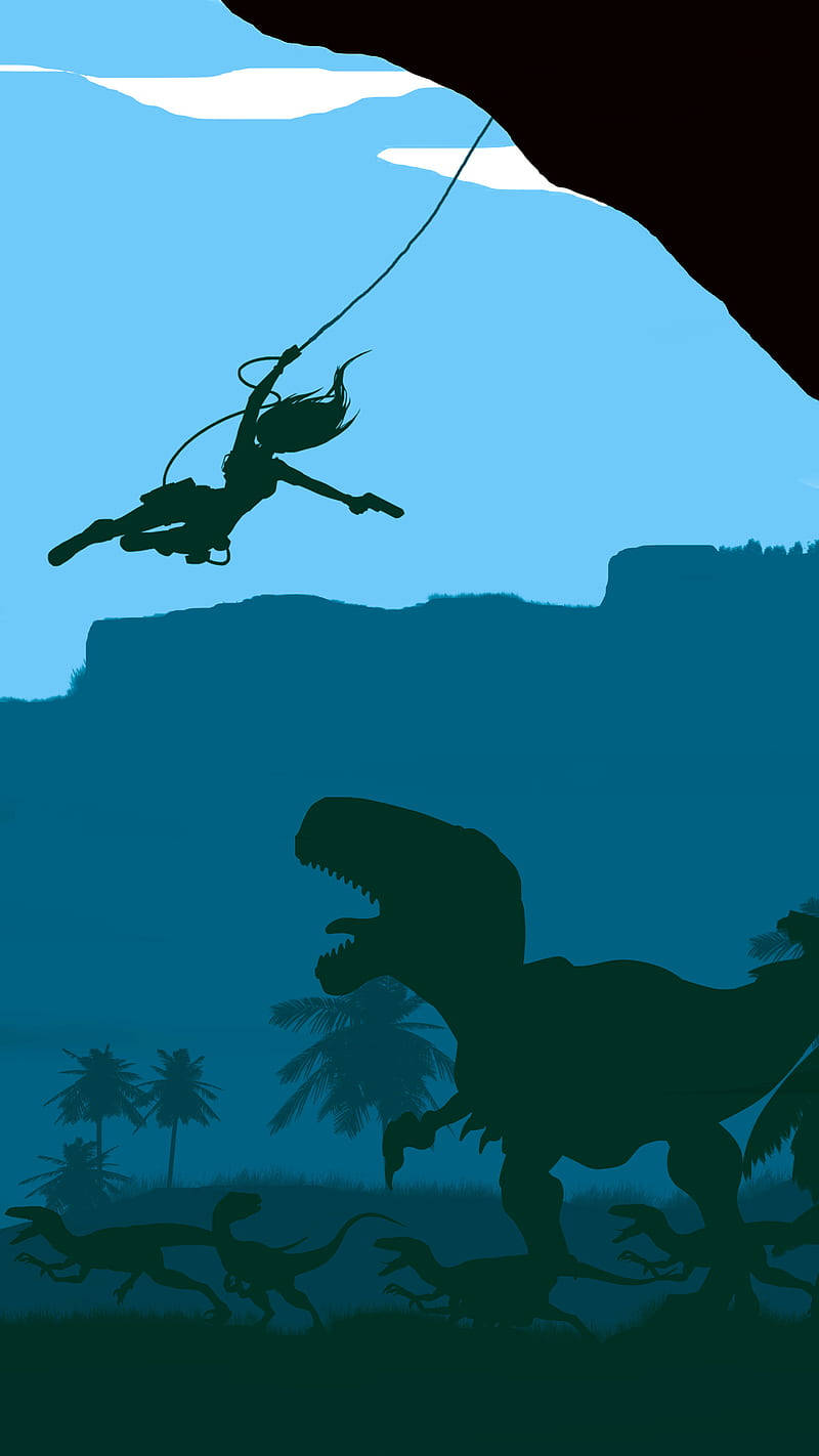 tomb raider iPhone 桌布 壁紙 — 一個剪影冒險家在繩索上搖擺，下方是史前景觀，有一隻咆哮的暴龍和較小的恐龍。