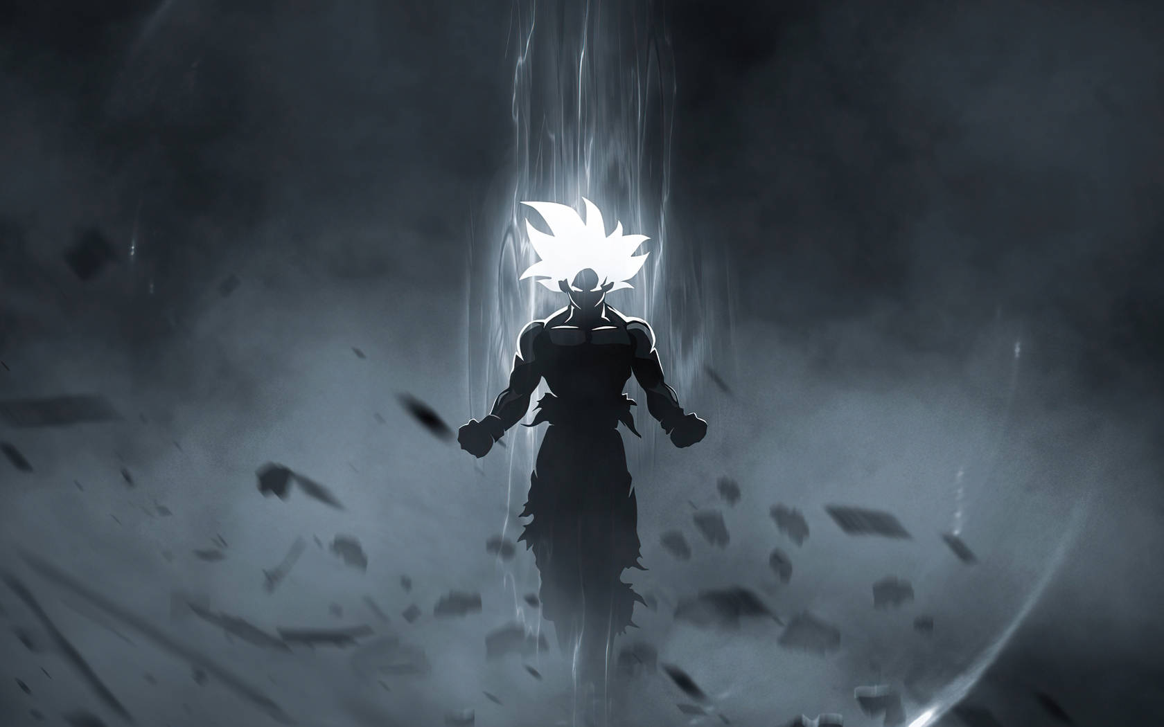 Goku Black And White 桌布 壁紙 — 一個剪影動漫戰士，擁有發光的白色頭髮，在黑暗迷霧的虛空中，破碎的碎片在他周圍飛舞，他挑釁地站立著。