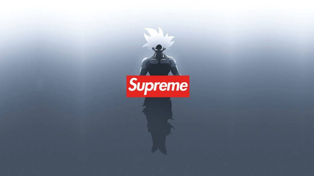 superhero supreme 桌布 壁紙 — 一個剪影動漫戰士，有著尖刺白色頭髮，漂浮在迷霧灰空中，上面覆蓋著紅色Supreme標誌。