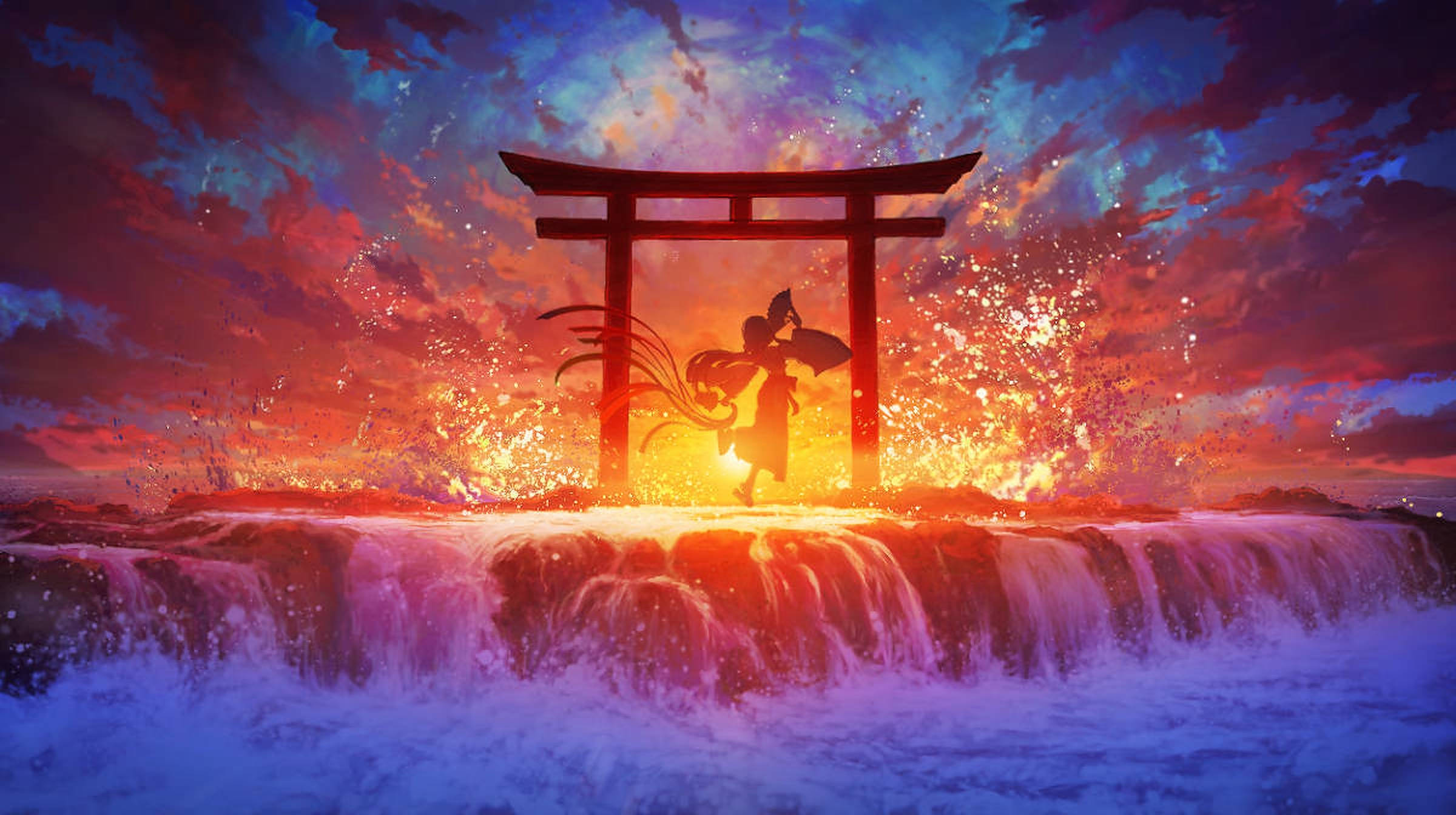 Torii 桌布 壁紙 — 一個剪影動漫角色跳過發光的鳥居，熾熱的火花在夕陽映照的瀑布般流水上空爆炸。