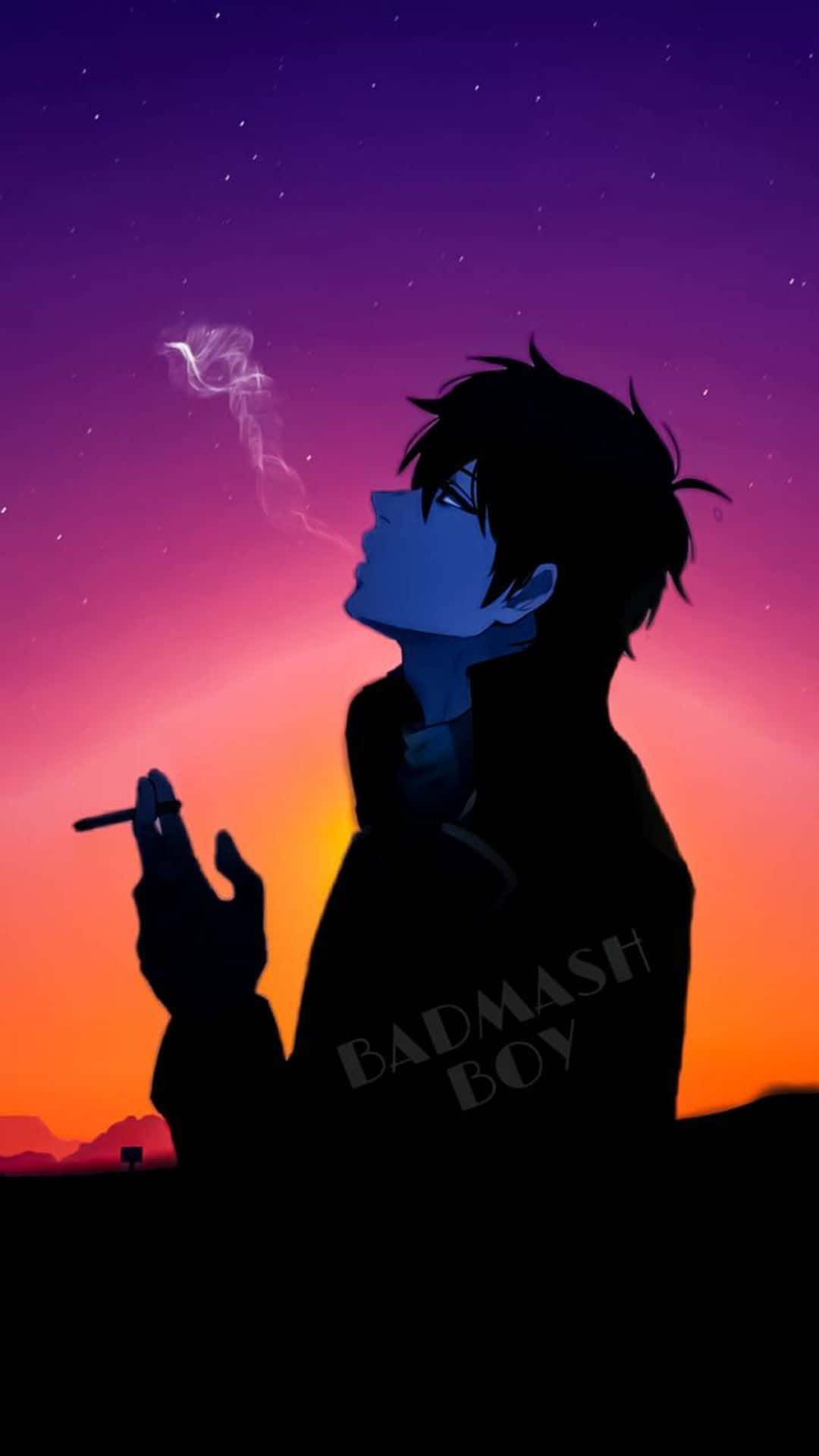 憂鬱動漫男孩 桌布 壁紙 — 一個剪影動畫男孩在充滿星星的鮮豔紫橙色日落天空下抽煙。