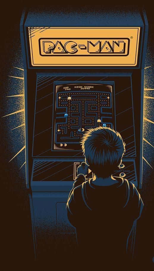 Gaming Art 桌布 壁紙 — 一個剪影小孩在戲劇性的金色光線下玩復古街機小精靈遊戲。