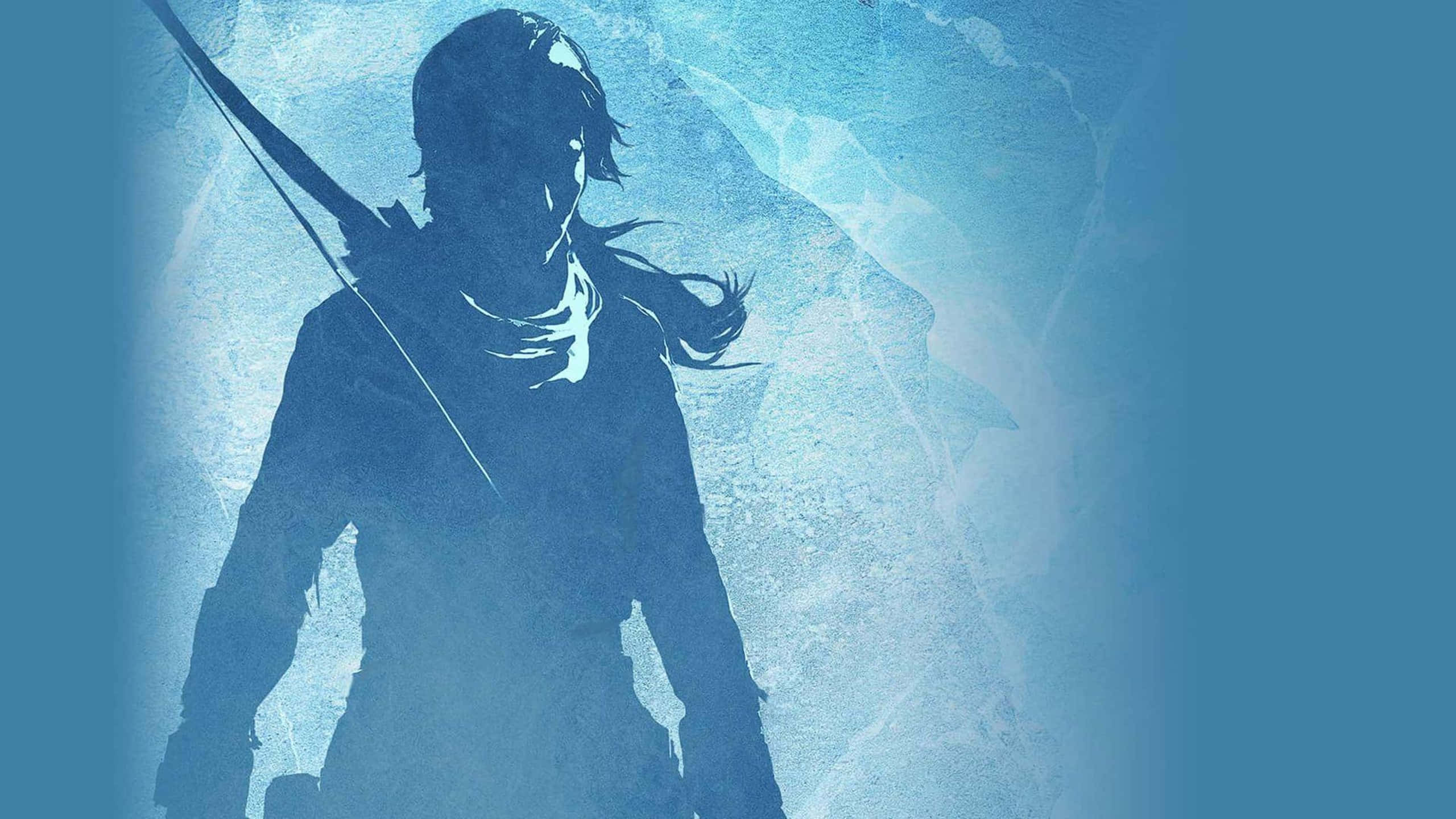 1440p Shadow Of The Tomb Raider 桌布 壁紙 — 一個剪影弓箭手站在紋理冰藍色背景前，頭髮飄逸，弓已拉開。