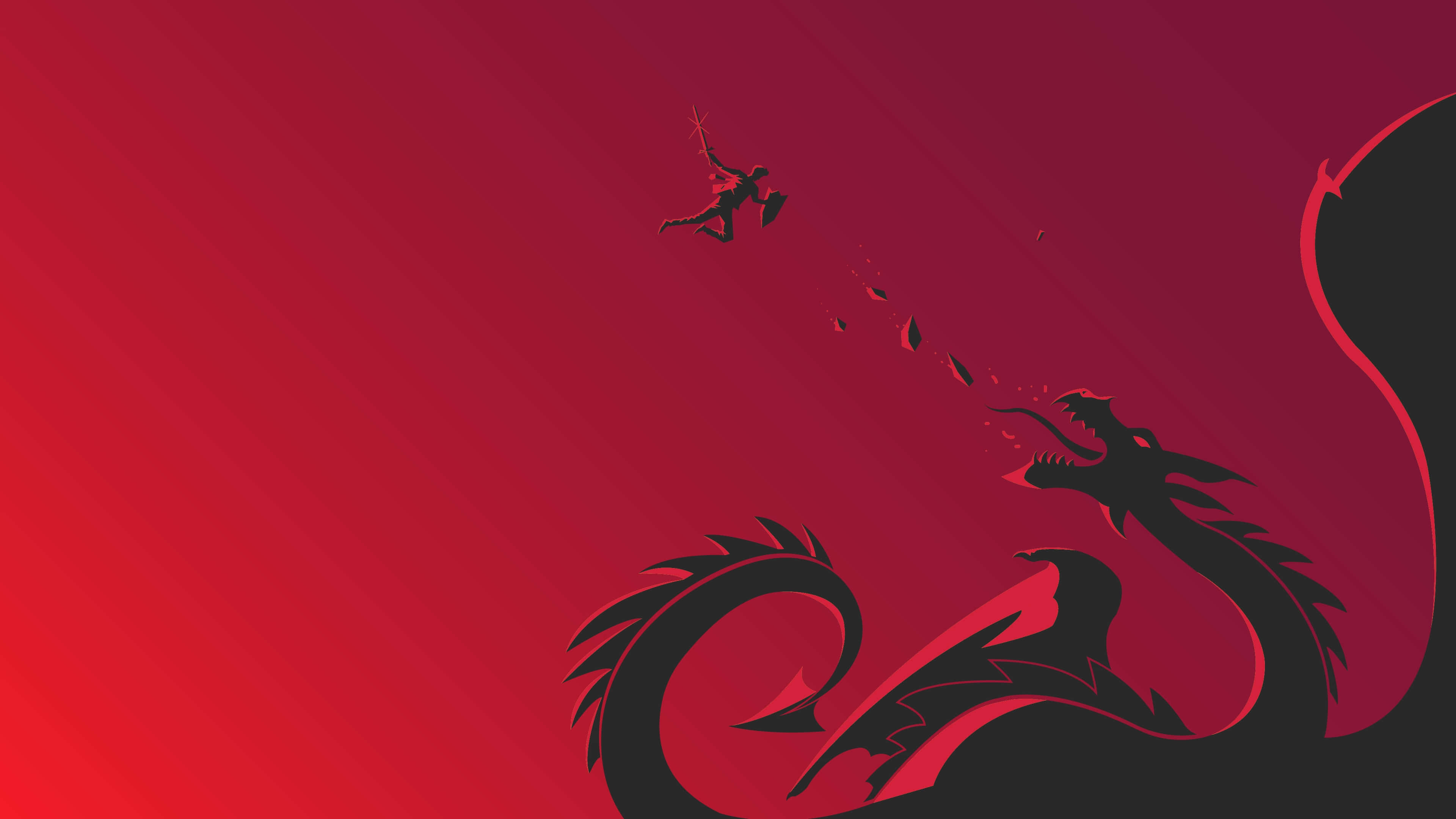 龍 桌布 壁紙 — 一個剪影戰士從龍的火焰吐息中躍起，背景為紅色漸變。