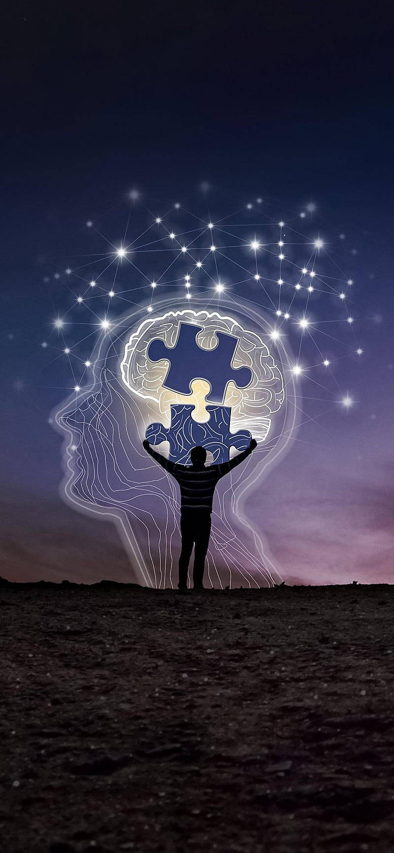 Brain 桌布 壁紙 — 一個剪影站在山丘上，手持拼圖碎片，在星光燦爛的暮色天空中形成一個發光的大腦。