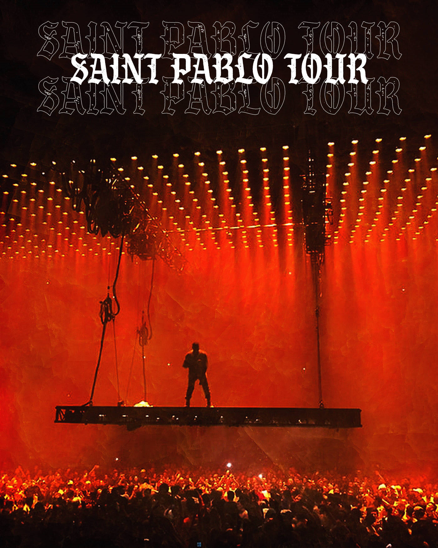 kanye west saint pablo 桌布 壁紙 — 一個剪影表演者站在一個懸掛舞台上，沐浴在熾熱的橙色燈光中，下方是咆哮的演唱會人群。