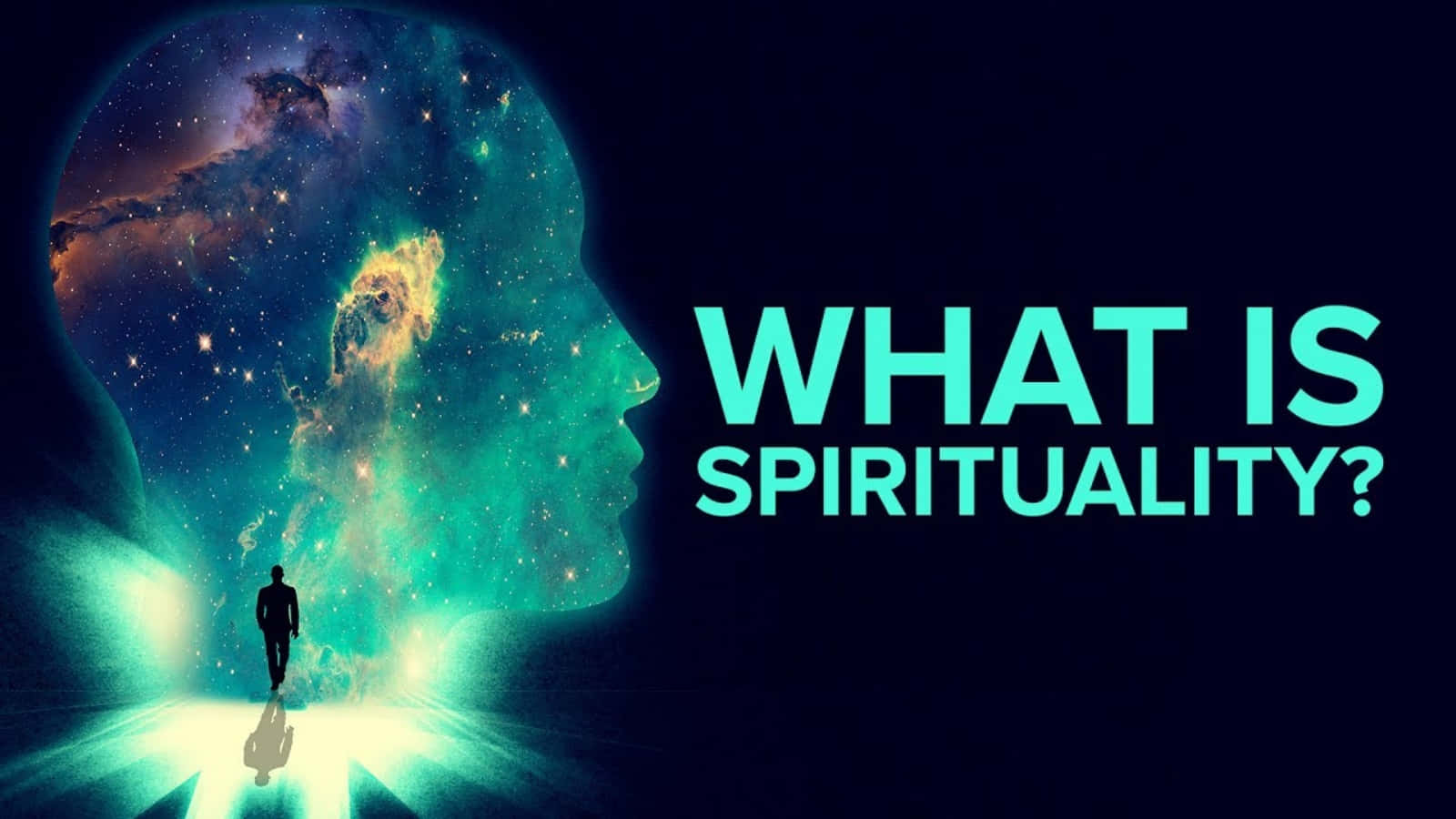 Spirituality 桌布 壁紙 — 一個剪影走向一個發光的宇宙頭部剪影，詢問什麼是靈性。