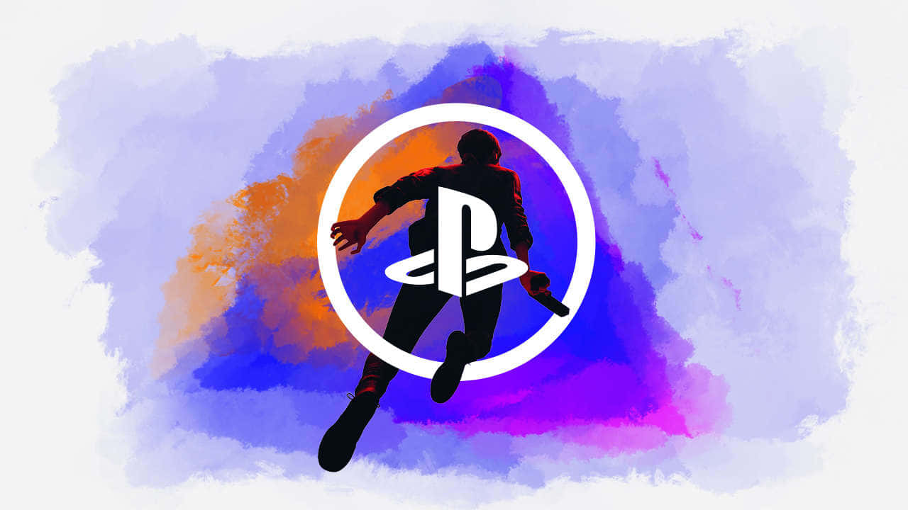 Playstation Profile 桌布 壁紙 — 一個剪影遊戲玩家動態地跳過紫色、橙色和藍色的鮮豔水彩潑濺，中央是PlayStation標誌。