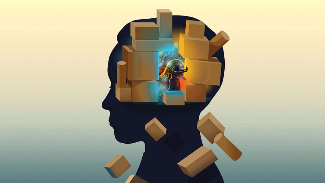 Memory 桌布 壁紙 — 一個剪影頭部，木塊破裂露出內部發光的奇幻場景。