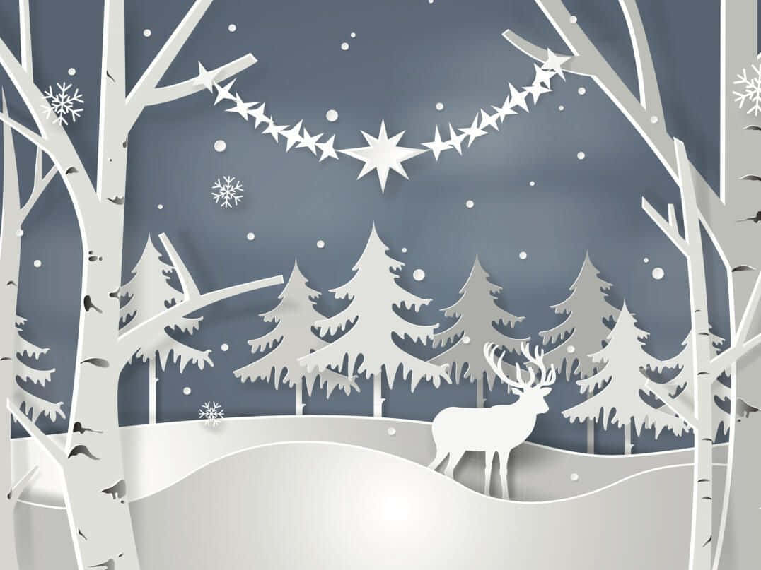 節日 桌布 壁紙 — 一個剪紙冬季森林場景，有一隻鹿站在雪地上，星空下飄落著雪花。