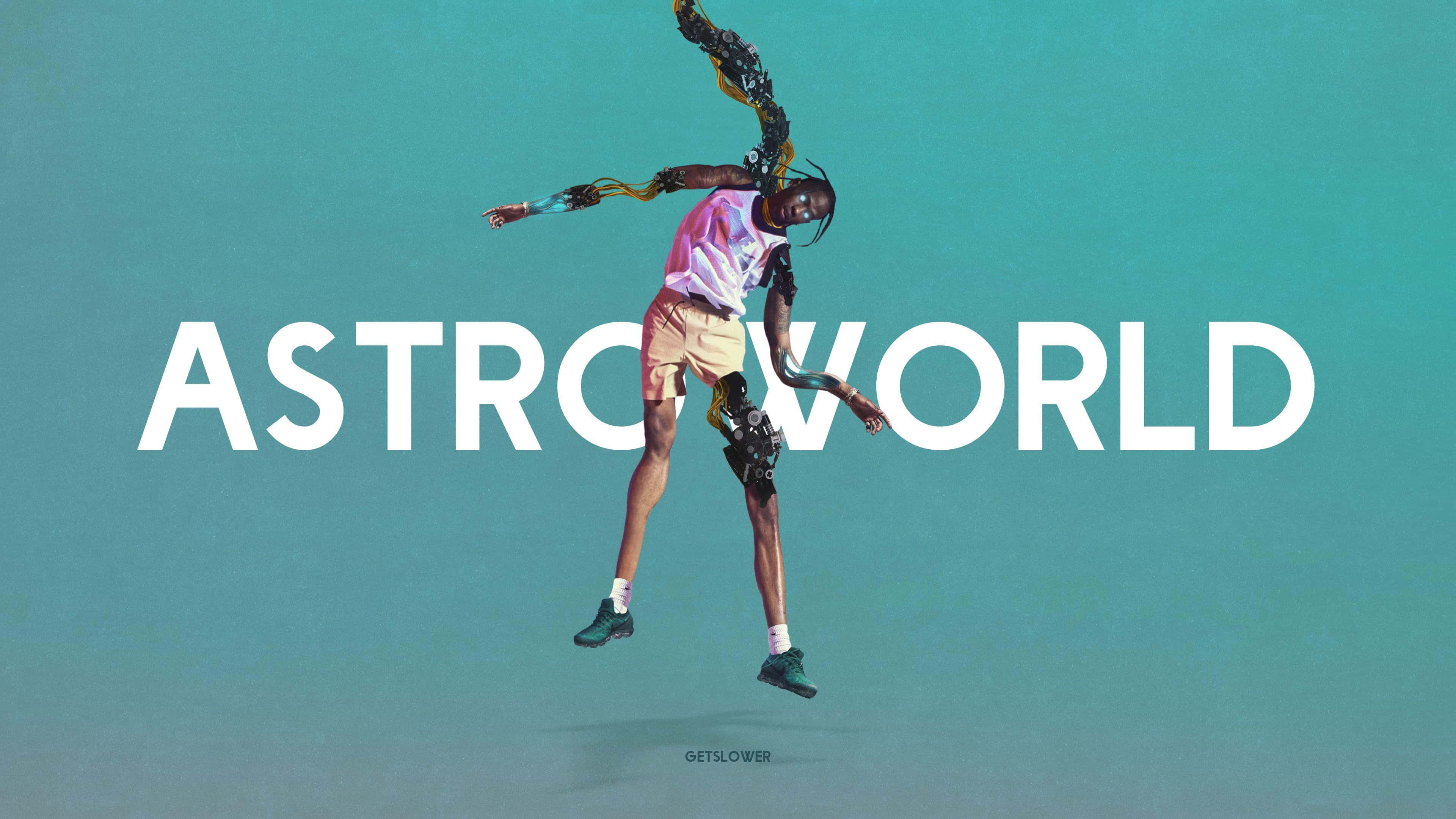 Astroworld 桌布 壁紙 — 一個動感人物，擁有機械四肢，在青綠色背景上跳躍，背景上有粗體白色文字寫著「ASTROWORLD」。