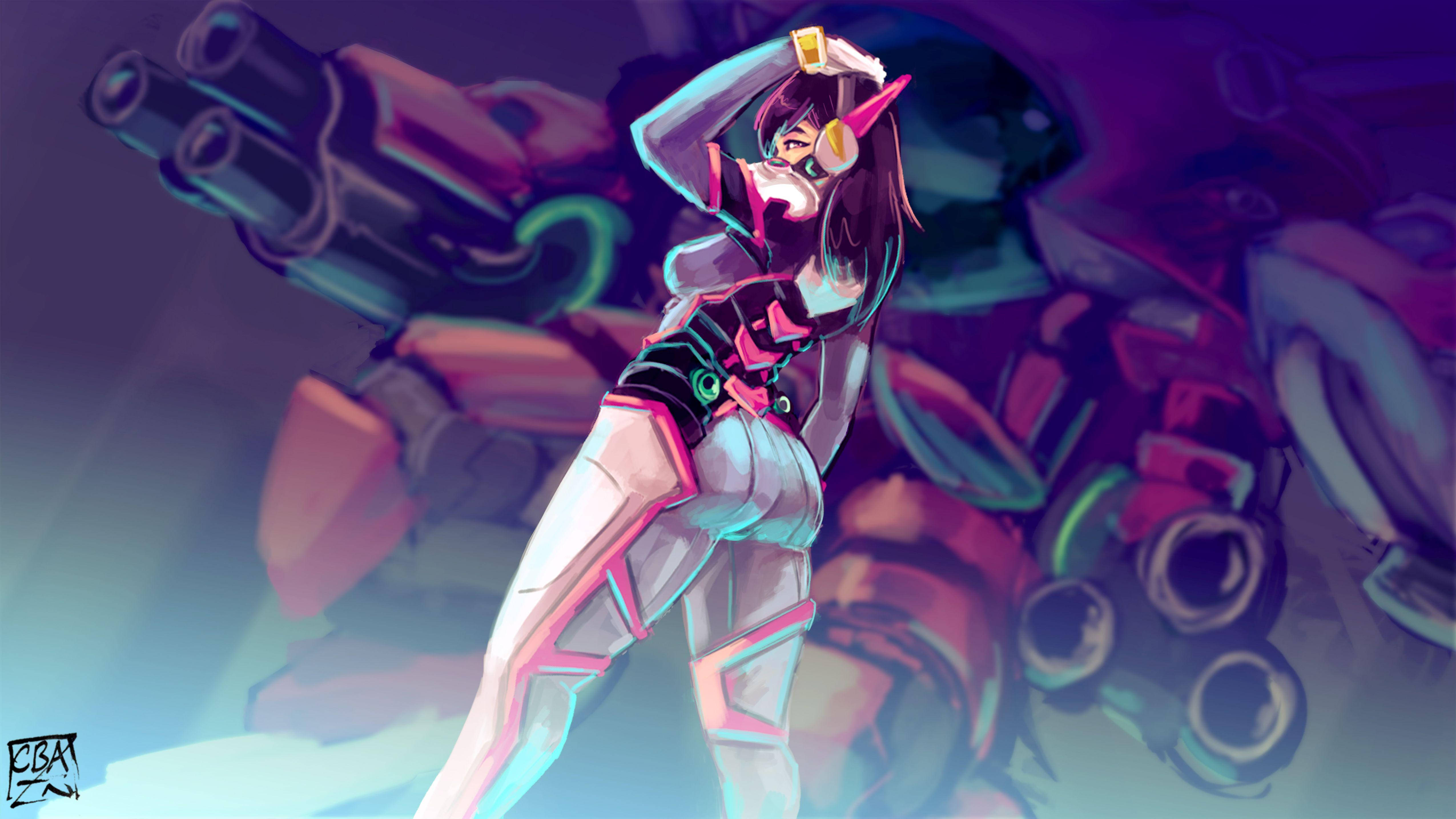 D.Va 桌布 壁紙 — 一個動感十足、身穿未來裝甲的女動漫角色，在霓虹閃爍的賽博龐克場景中，自信地站在一個巨大的發光機甲旁邊。