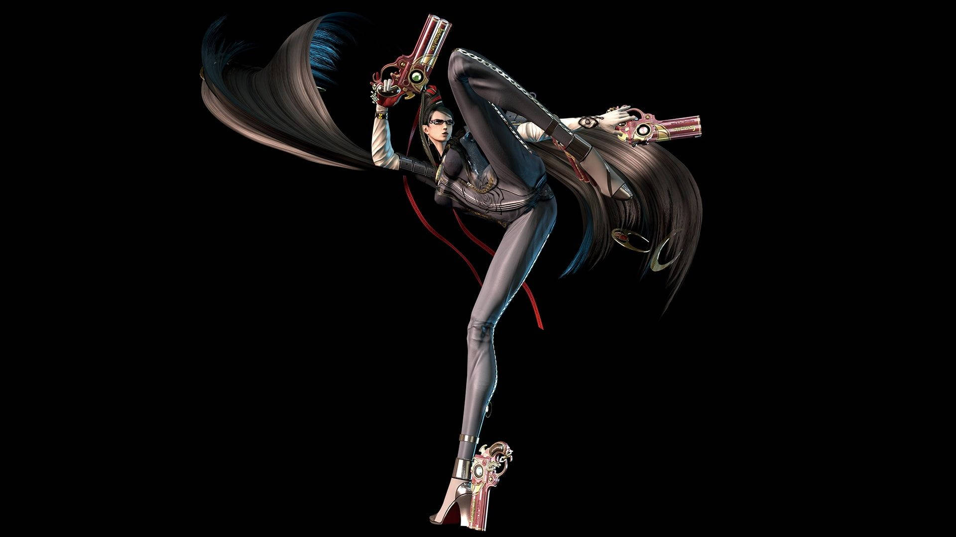 Bayonetta 桌布 壁紙 — 一個動感十足的動漫風格女殺手，身穿時尚黑色服裝，手持華麗手槍，在純黑背景前騰空躍起。