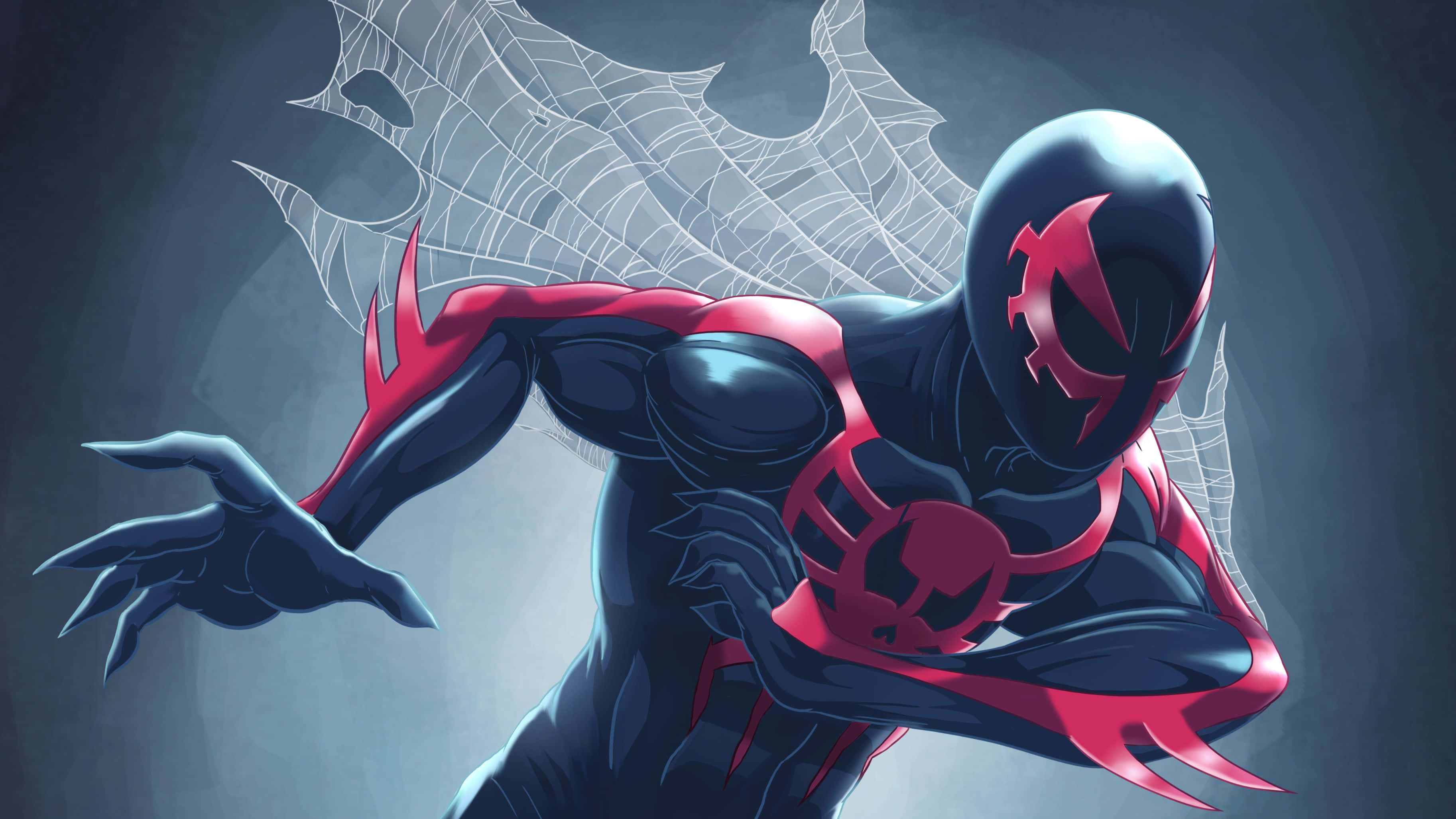 Spiderman Pfp 桌布 壁紙 — 一個動感十足的動漫風格蜘蛛人，身穿黑紅相間帶有蜘蛛網圖案的戰衣，在深灰色背景前擺出戰鬥姿態。