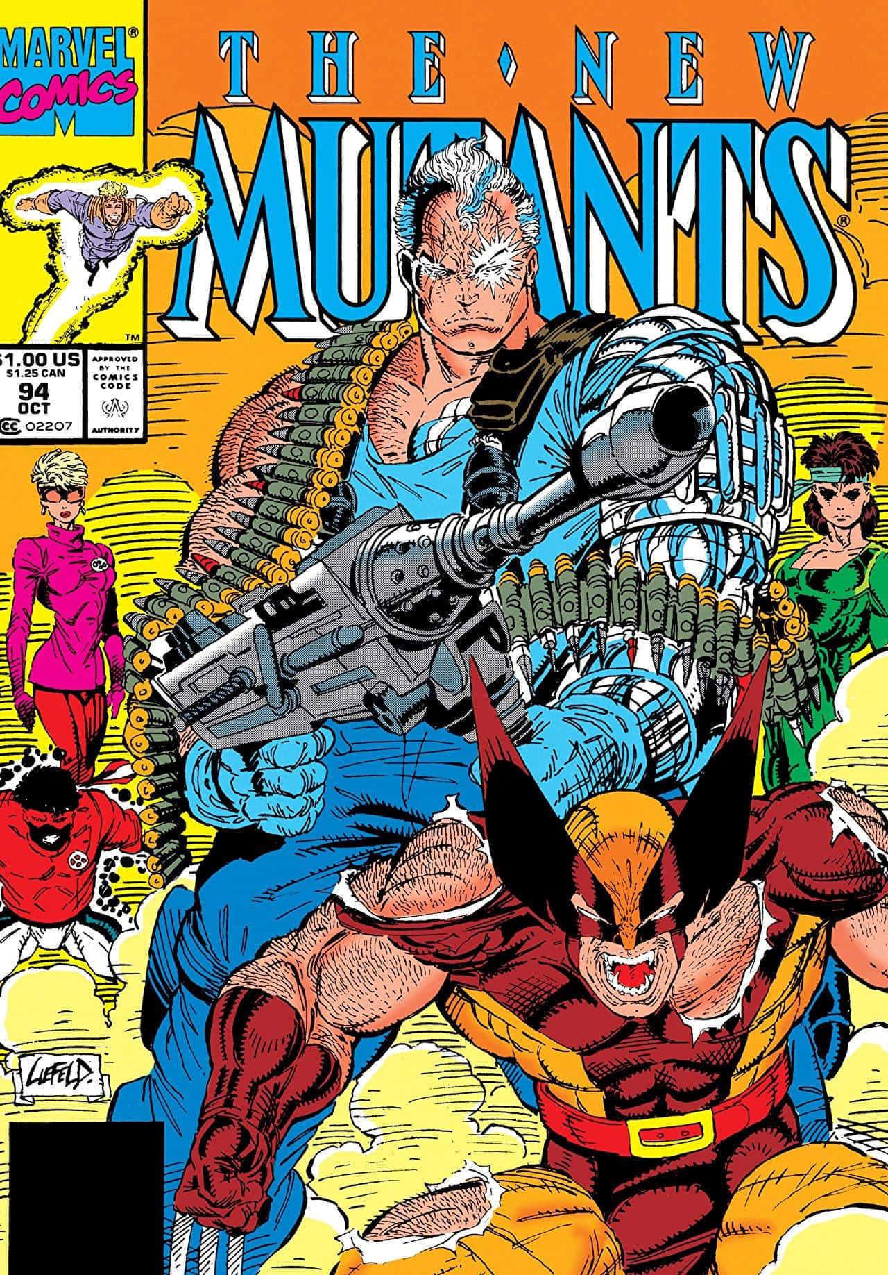 Mutants 桌布 壁紙 — 一個動感十足的漫畫封面， featuring 身穿紅黃色服裝的金鋼狼，面對一個肌肉發達、藍色皮膚、手持大型槍械的變種人，周圍有其他英雄，背景是鮮明的橙色。