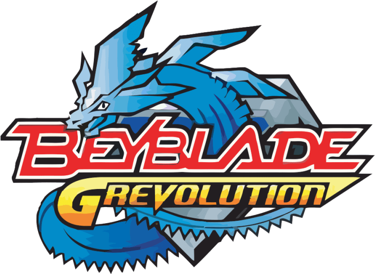 Beyblade 桌布 壁紙 — 一個動感十足的藍色龍標誌，用於Beyblade G Revolution，黑色背景上帶有粗體的紅色和黃色文字。