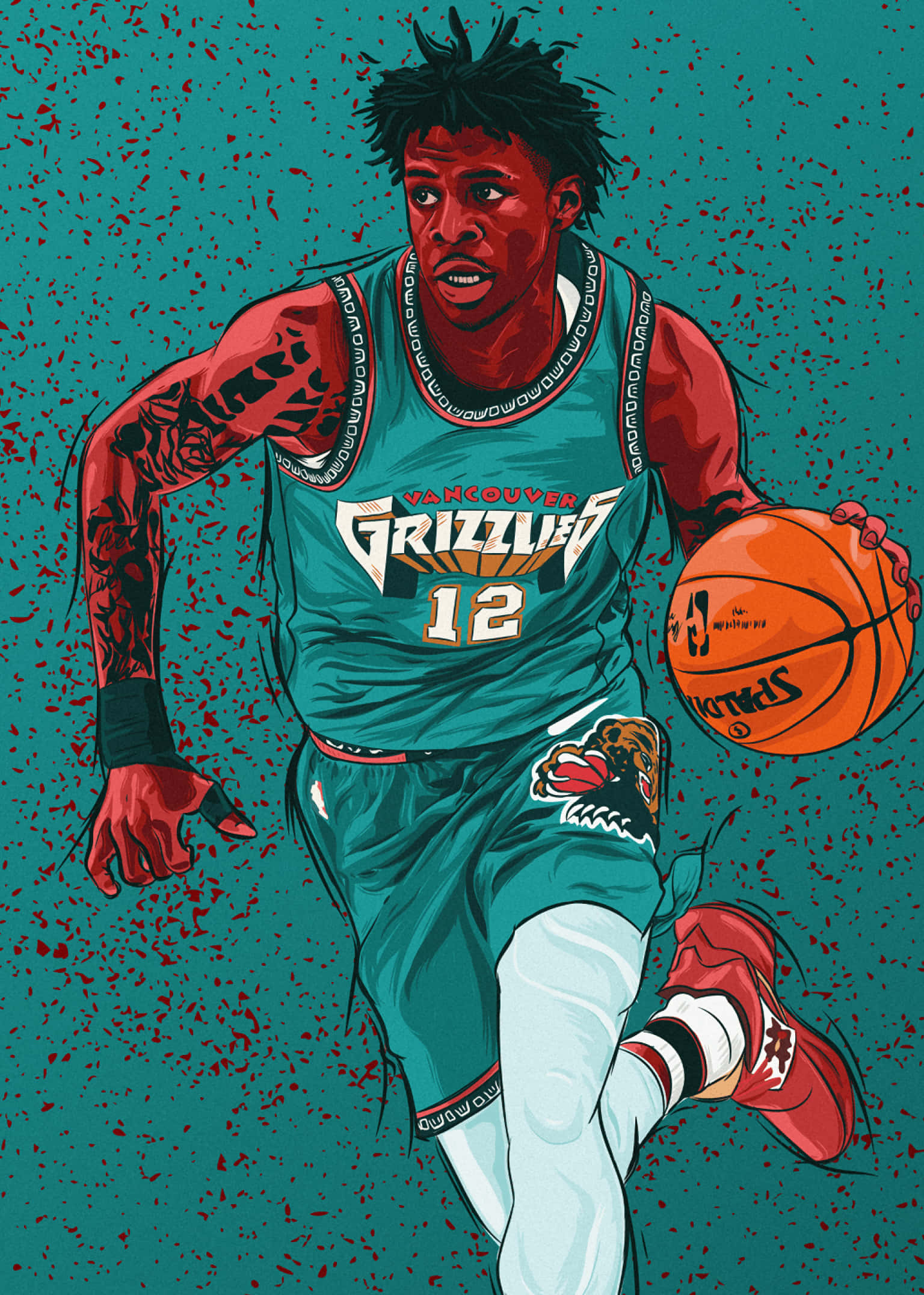 Cartoon NBA Players 桌布 壁紙 — 一個動感插圖風格的籃球運動員，身穿青綠色溫哥華灰熊隊球衣，在斑點青綠色背景上運著橙色籃球。