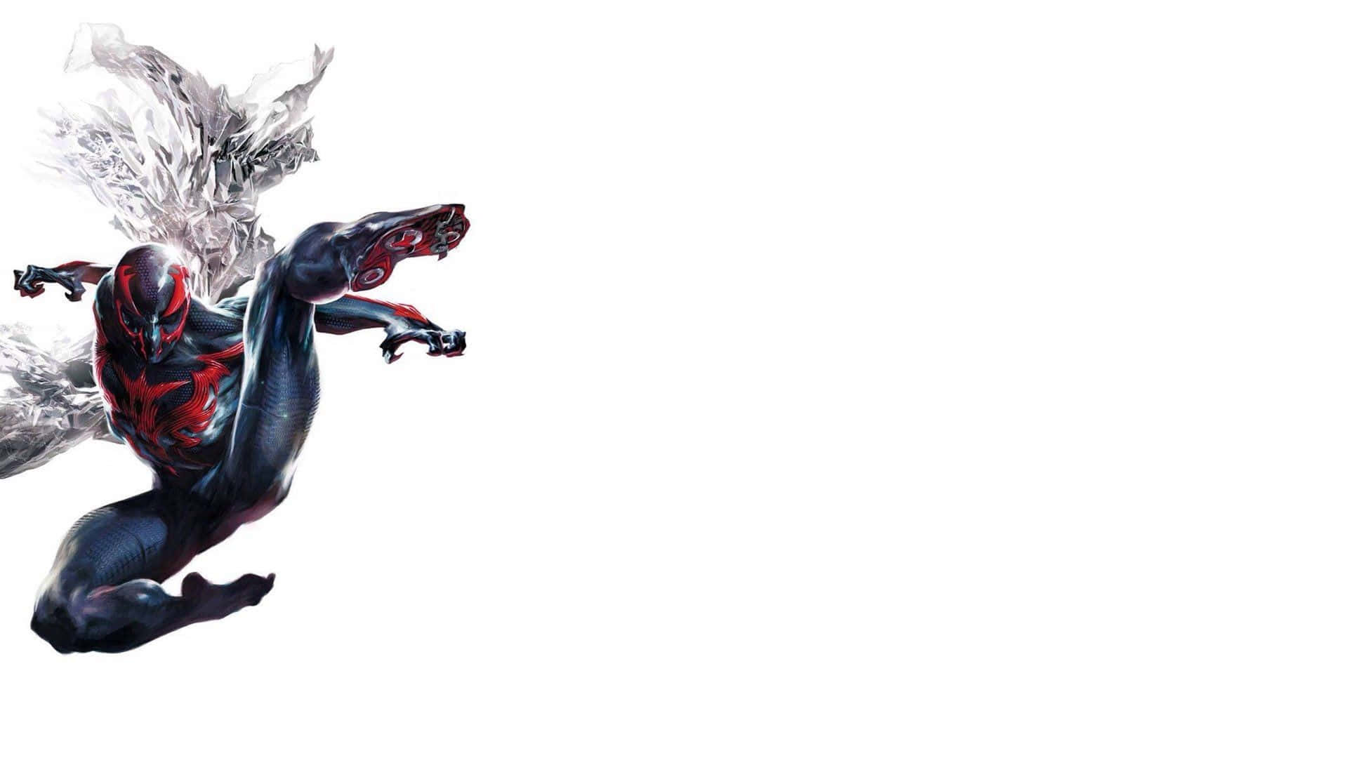 Spider Man 2099 桌布 壁紙 — 一個動感的黑紅色蜘蛛人向前躍進，背後展開水晶翅膀，背景為純白色。