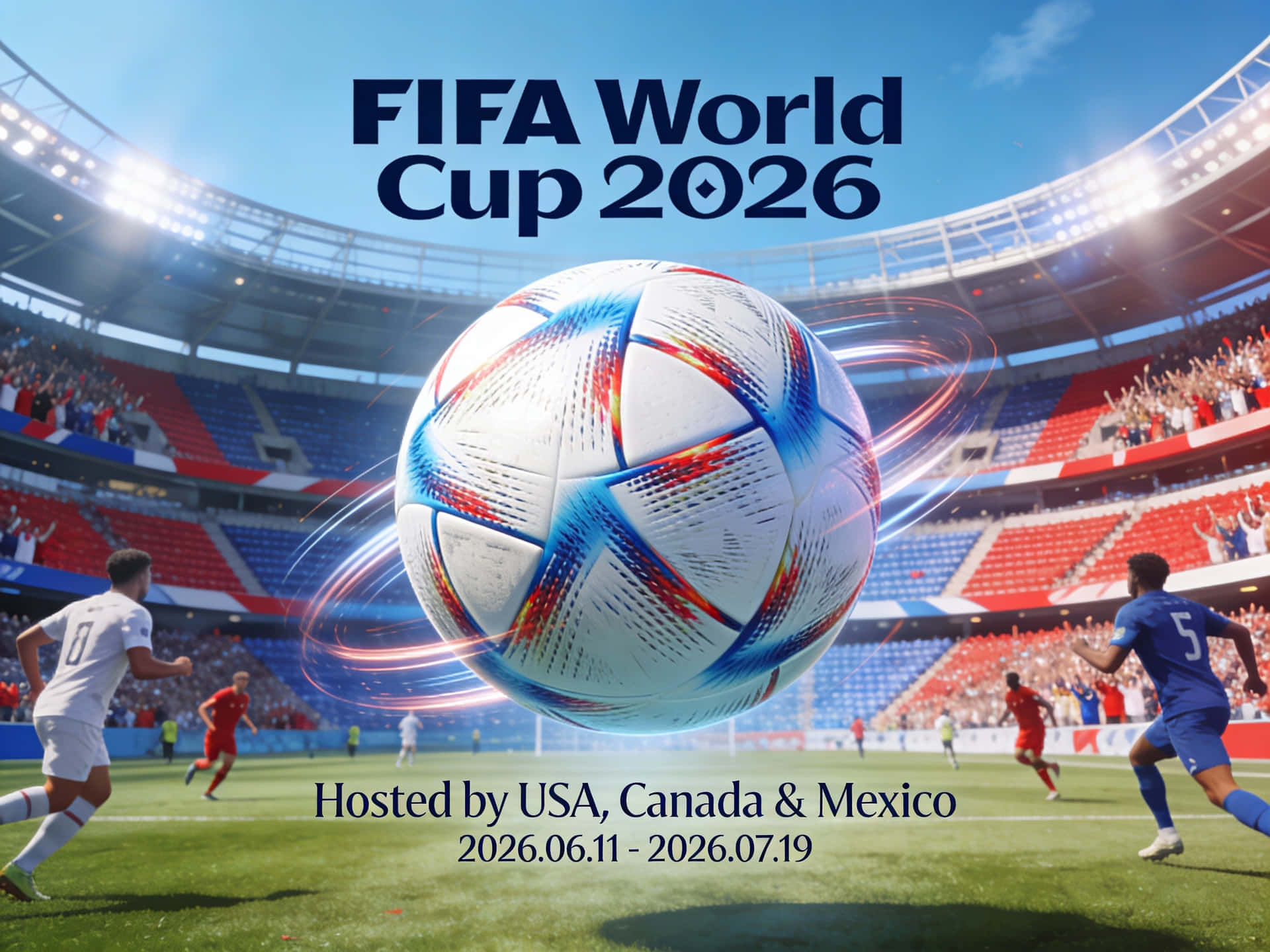 FIFA WORLD CUP 2026 壁紙 — 一個動態3D渲染，發光的足球在FIFA世界盃比賽期間懸浮於擠滿觀眾的體育場上空，球員們正在激烈比賽。