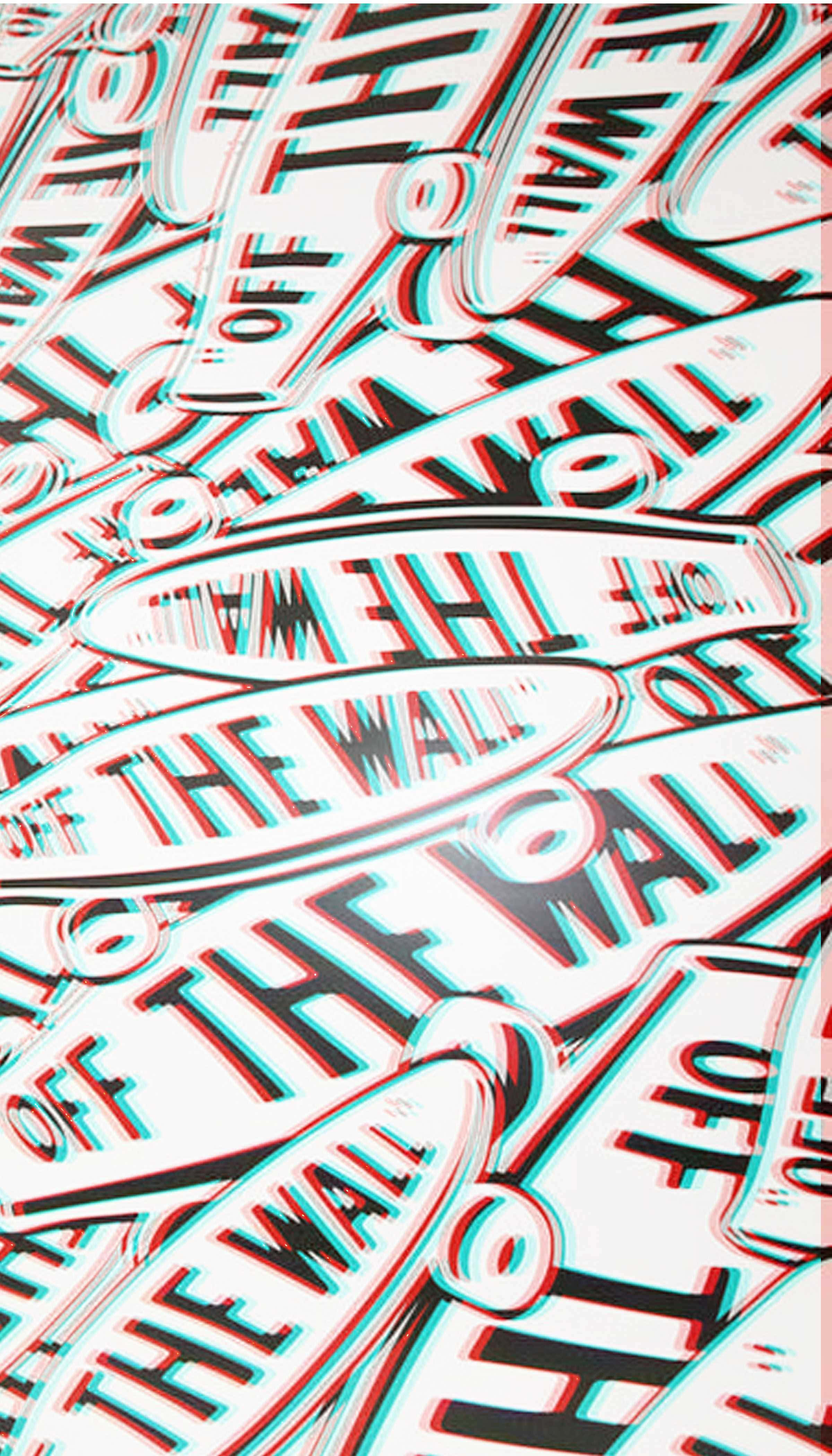 滑板 桌布 壁紙 — 一個動態3D渲染圖案，包含重複的「OFF THE WALL」標誌，在白色背景上帶有紅青色立體錯視效果。