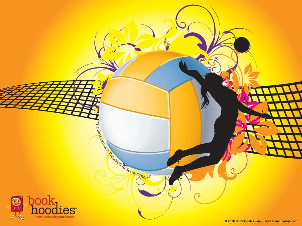 Volleyball Ball 桌布 壁紙 — 一個動態剪影，描繪排球運動員跳起扣球，背景為鮮黃色，帶有花卉漩渦和球網。
