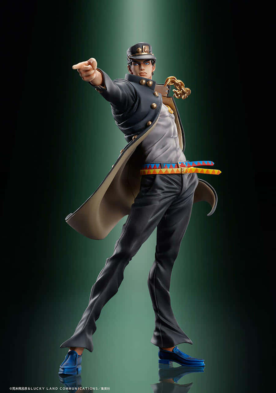 Jotaro 桌布 壁紙 — 一個動態動漫人偶，一個穿著深色外套和帽子的年輕男子在綠色漸變背景前向前指。
