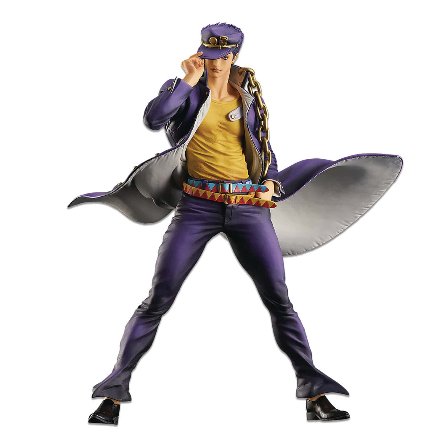 Jotaro 桌布 壁紙 — 一個動態動漫人偶，穿著紫色外套和帽子，在白色背景前擺出自信姿勢。