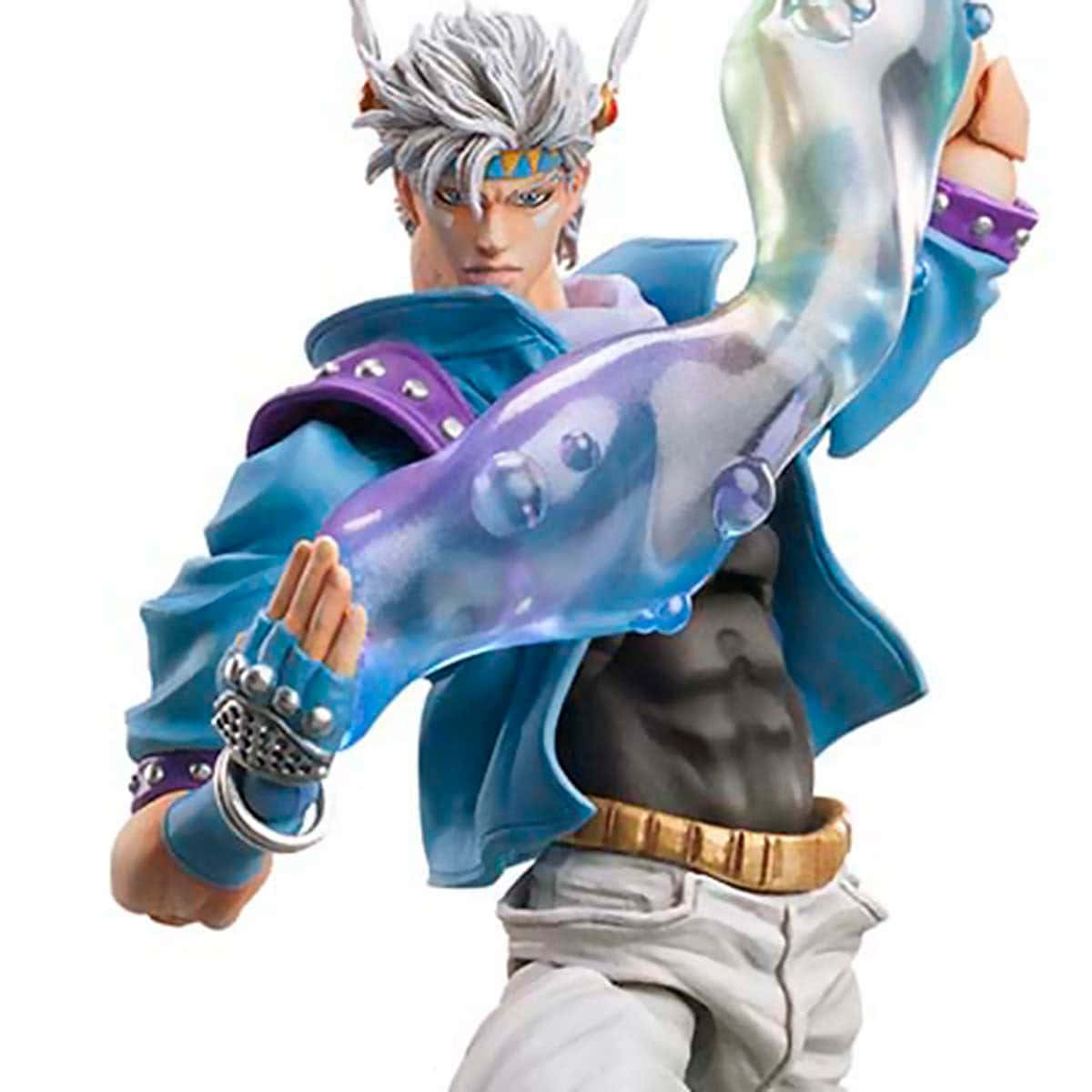 Caesar Anthonio Zeppeli 桌布 壁紙 — 一個動態動漫人偶，銀髮戰士身穿藍紫裝備，揮舞發光的半透明武器。