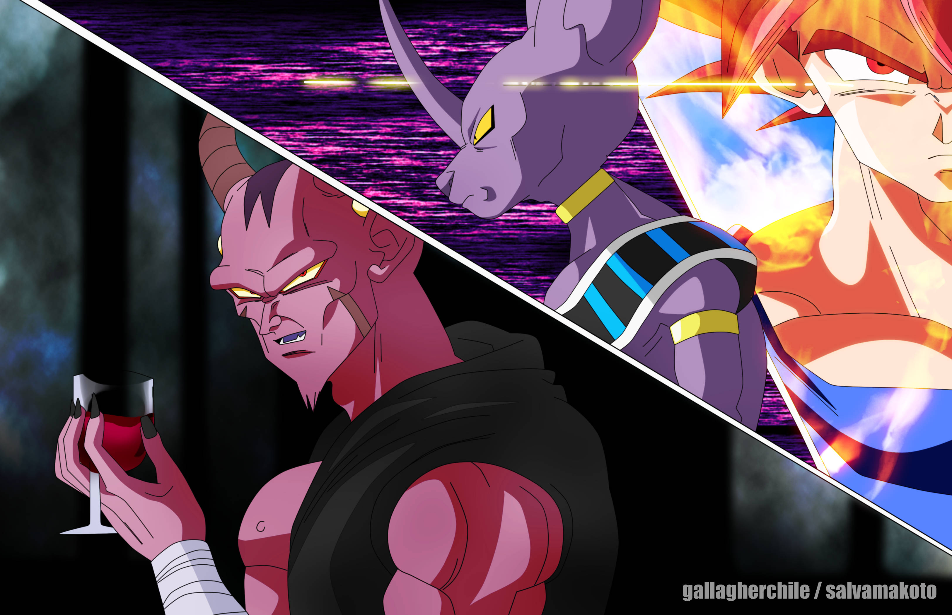 Beerus 桌布 壁紙 — 一個動態動漫分屏，展示一個拿著玻璃杯的兇猛紅皮膚角色和兩個擺出鮮明戰鬥姿勢的強大戰士。
